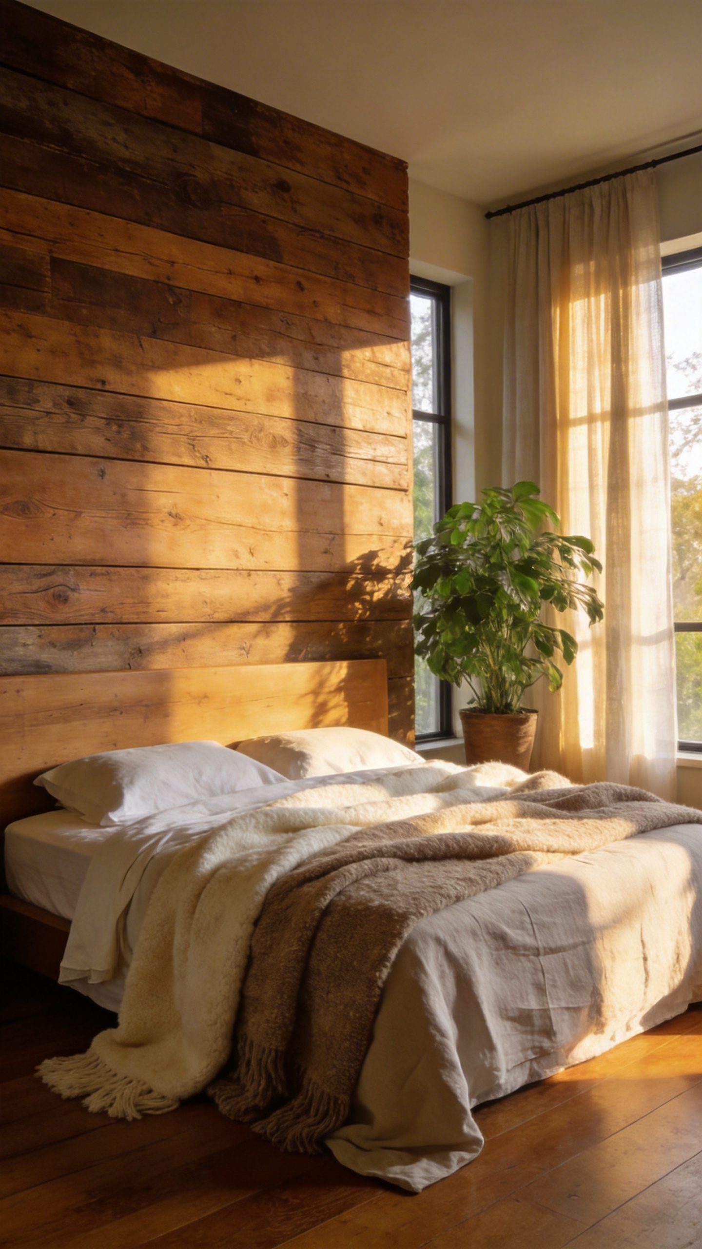 A cozy bedroom interior featuring layered natural wool bedding, a wooden headboard, and soft sunlight streaming through a window.