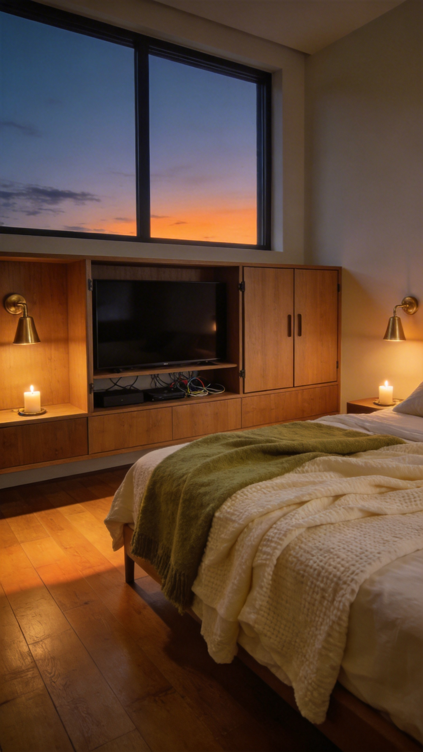 A serene and cozy bedroom interior featuring natural wood cabinetry designed to hide all electronic devices and blue light sources for better sleep.