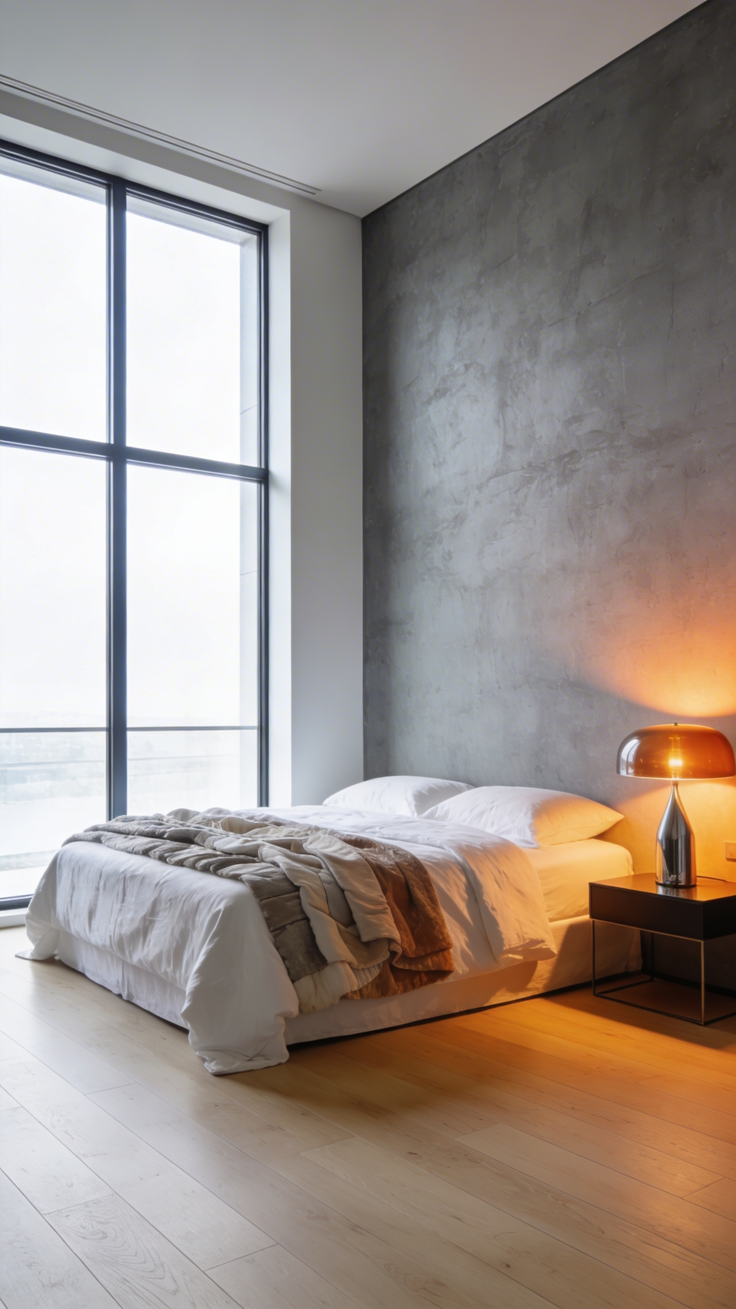 A modern bedroom interior featuring a balance of cool blue daylight and warm amber lamp light to demonstrate chromatic temperature control for wellness.