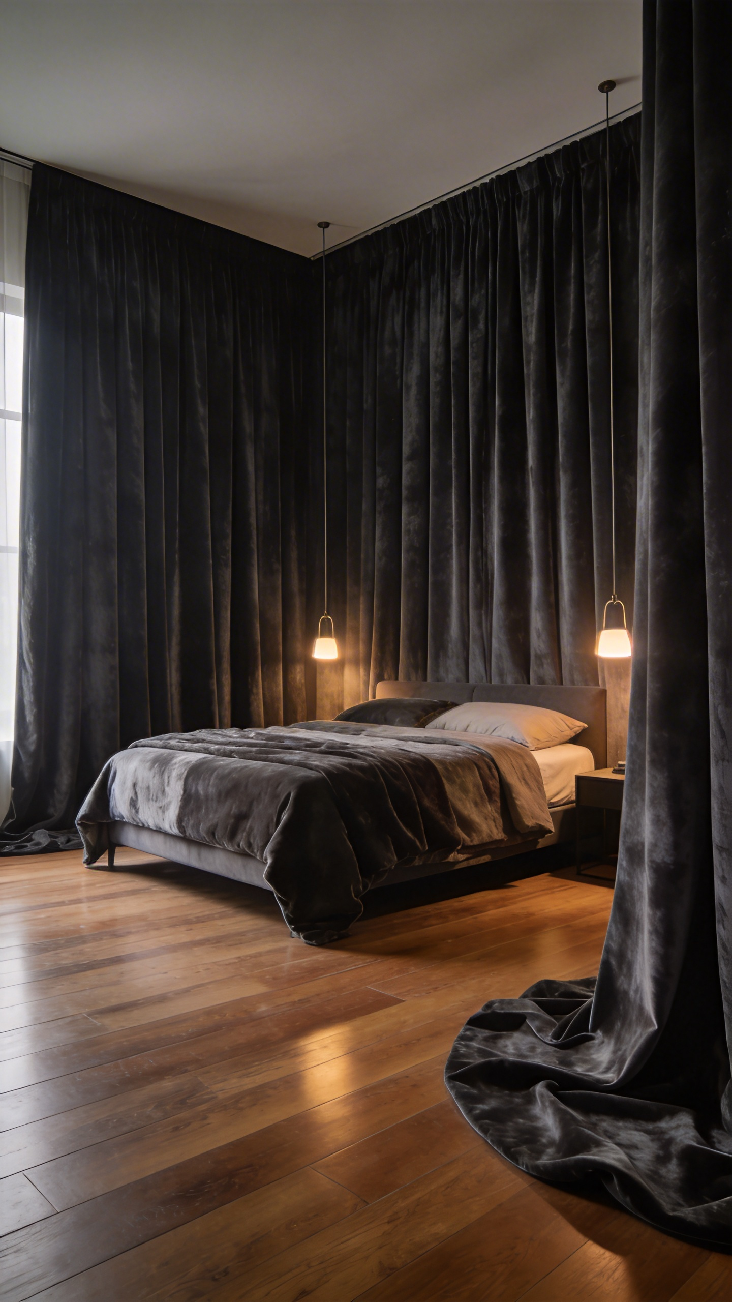 A luxurious bedroom makeover featuring thick dark charcoal velvet curtains that provide acoustic insulation and light blocking for a cozy atmosphere.
