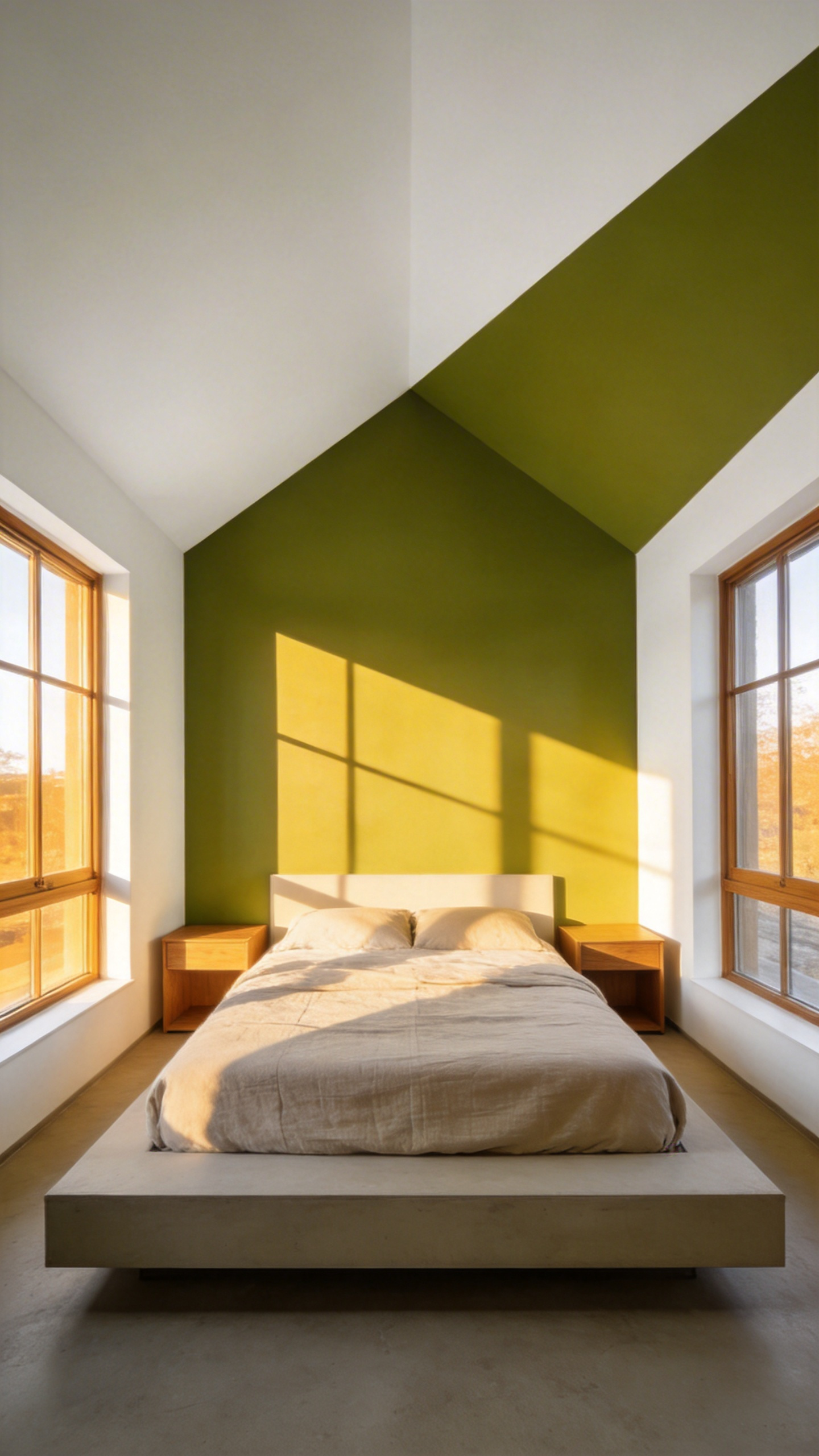 A modern bedroom with a large diagonal sage green paint block across a white corner to create visual depth and elongation.