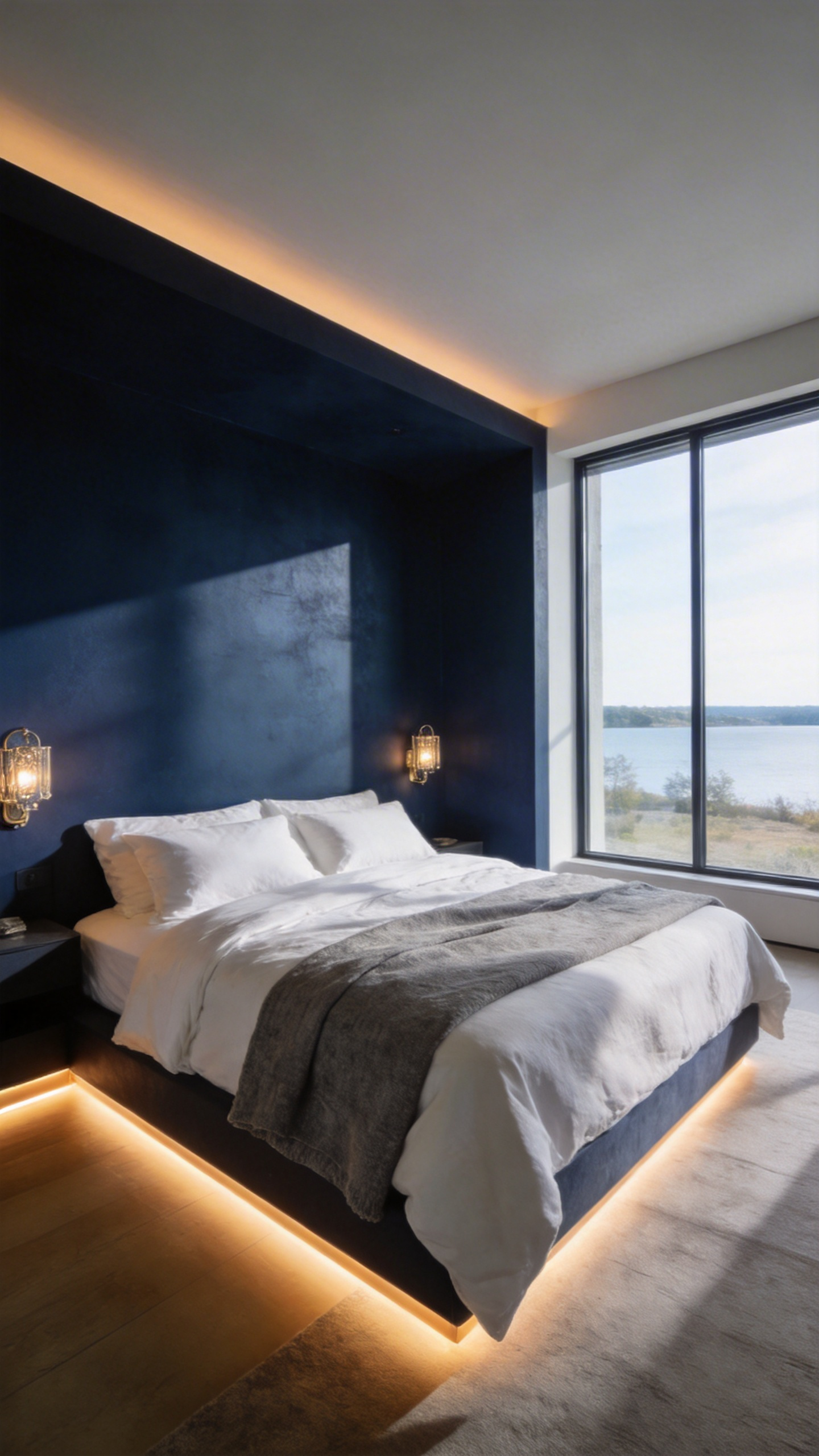 A master bedroom with a dark navy accent wall and neutral bedding designed to create a sense of psychological safety and rest.