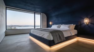 A master bedroom with a dark navy accent wall and neutral bedding designed to create a sense of psychological safety and rest.