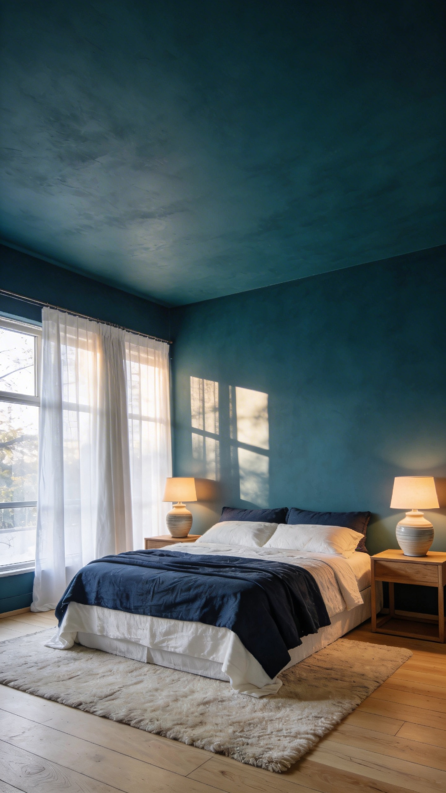 A serene master bedroom makeover featuring deep sea teal walls, plush navy linens, and minimalist wooden furniture in soft morning light.