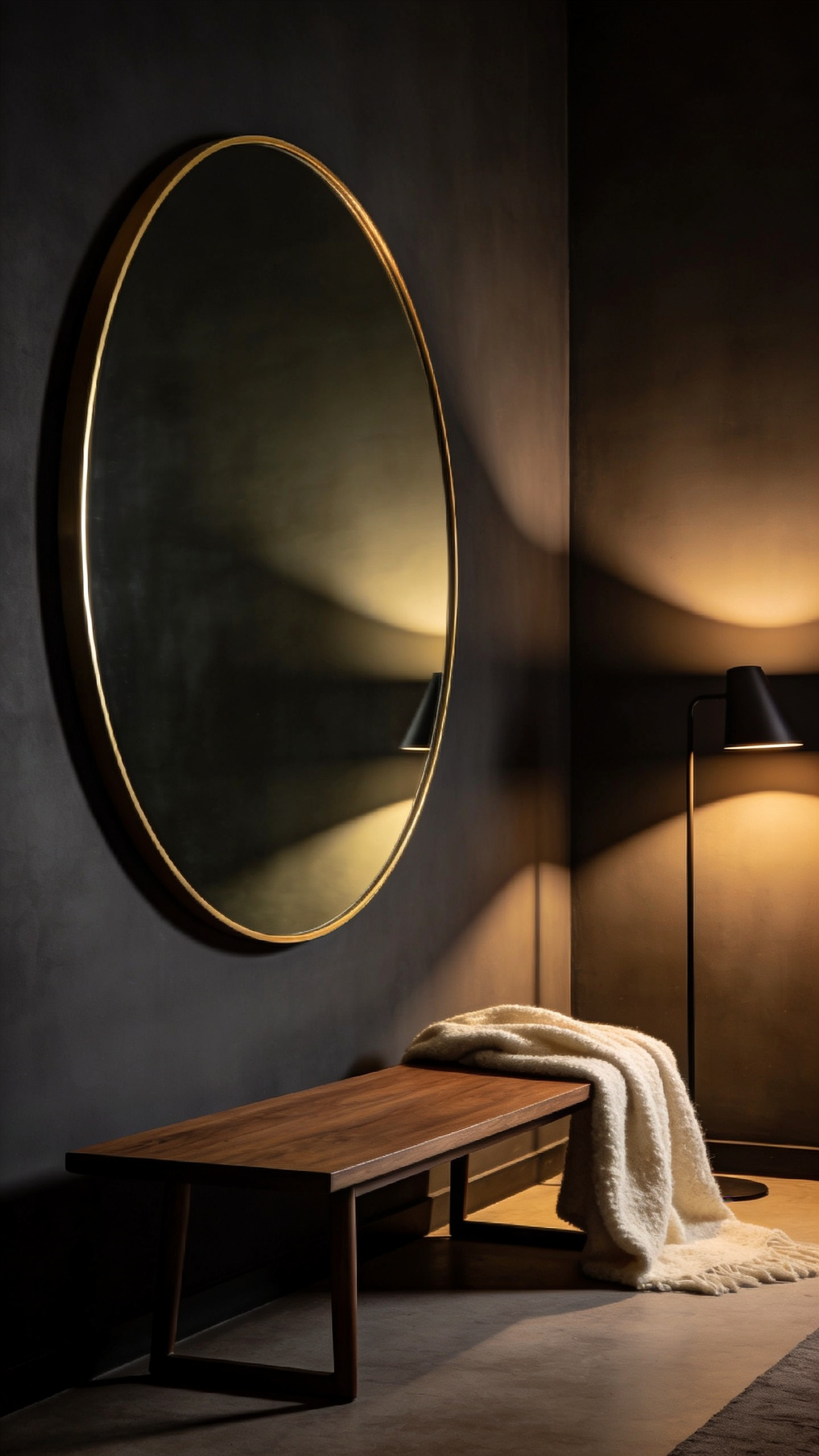 Strategically angled circular mirror reflecting soft, warm light onto a dark gray bedroom corner wall, effectively eliminating shadows without causing harsh glare.