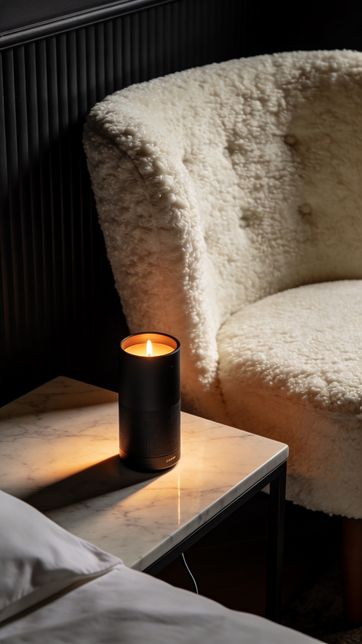 A warm, low-light photograph of a sophisticated bedroom reading nook featuring a cream boucle chair and a matte black cordless LED lamp on a travertine side table, illustrating flexible, wire-free mood lighting.