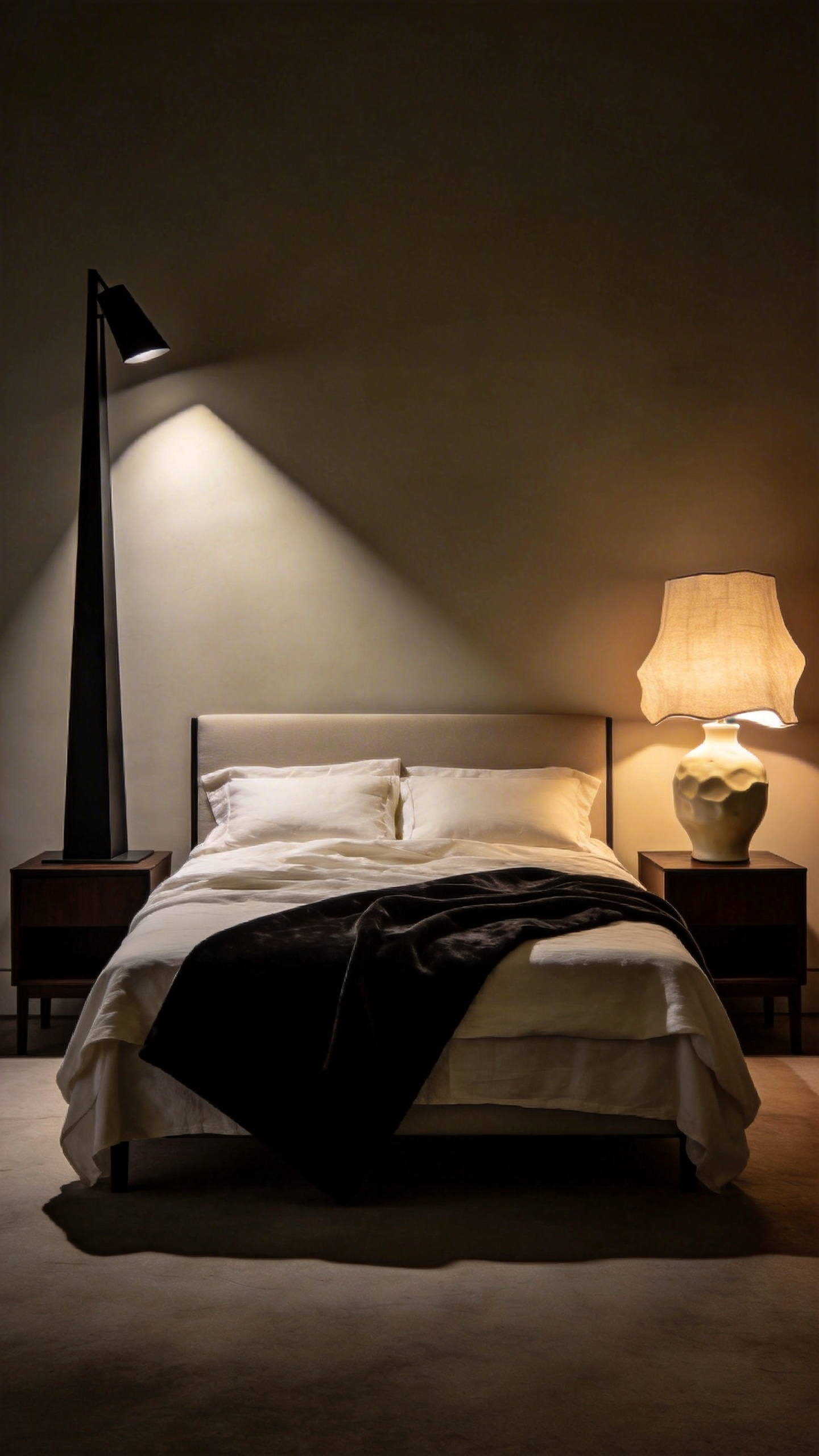 A modern bedroom featuring asymmetrical lighting design, pairing a tall, matte black architectural floor lamp on one side with a short, curvy, creamy ceramic table lamp on the other to create dynamic visual tension.