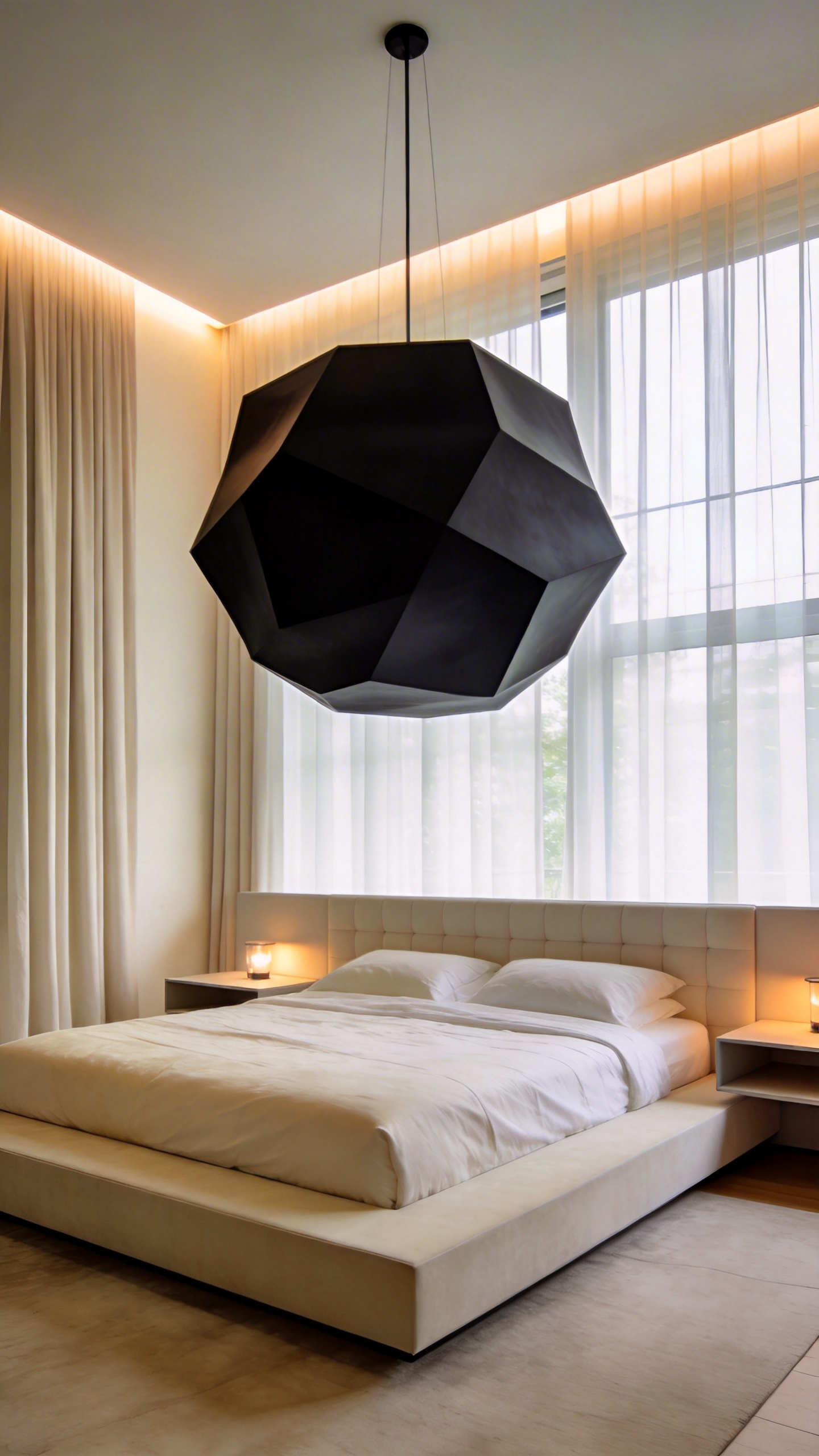 A modern luxurious bedroom featuring a large, unlit matte black geometric statement pendant light fixture centered over the bed, emphasizing its structural visual weight and serving as striking bedroom lighting inspiration.