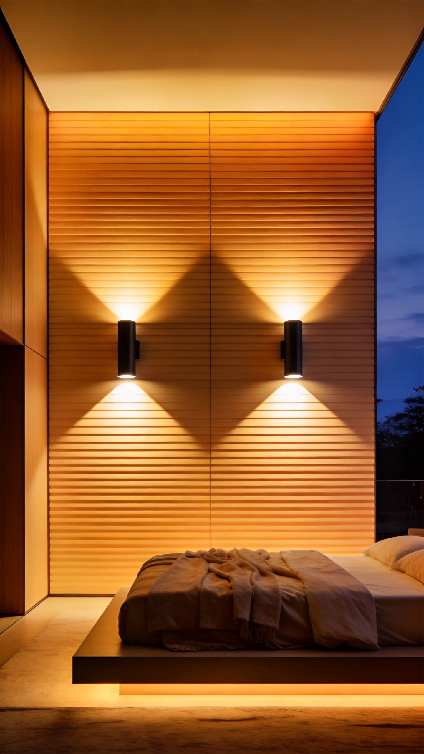 Two minimalist wall-washing sconces bathing a warm, textured paneled wall in uniform light in a modern bedroom, demonstrating how upward and downward illumination expands the perception of space and height.