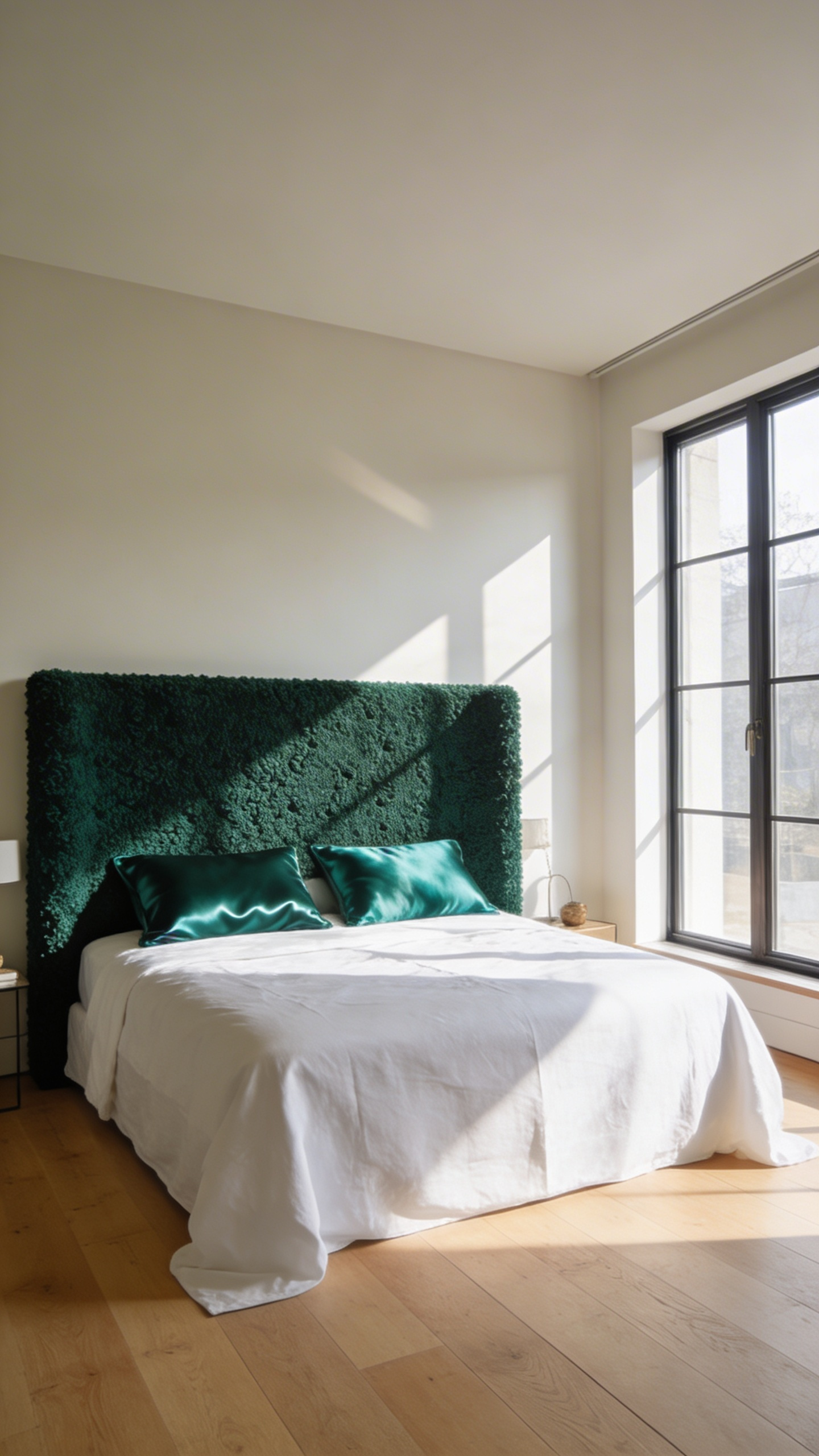 A wide-angle view of a modern bedroom with a dark green bouclé headboard and shiny silk pillows illustrating how texture affects color perception.