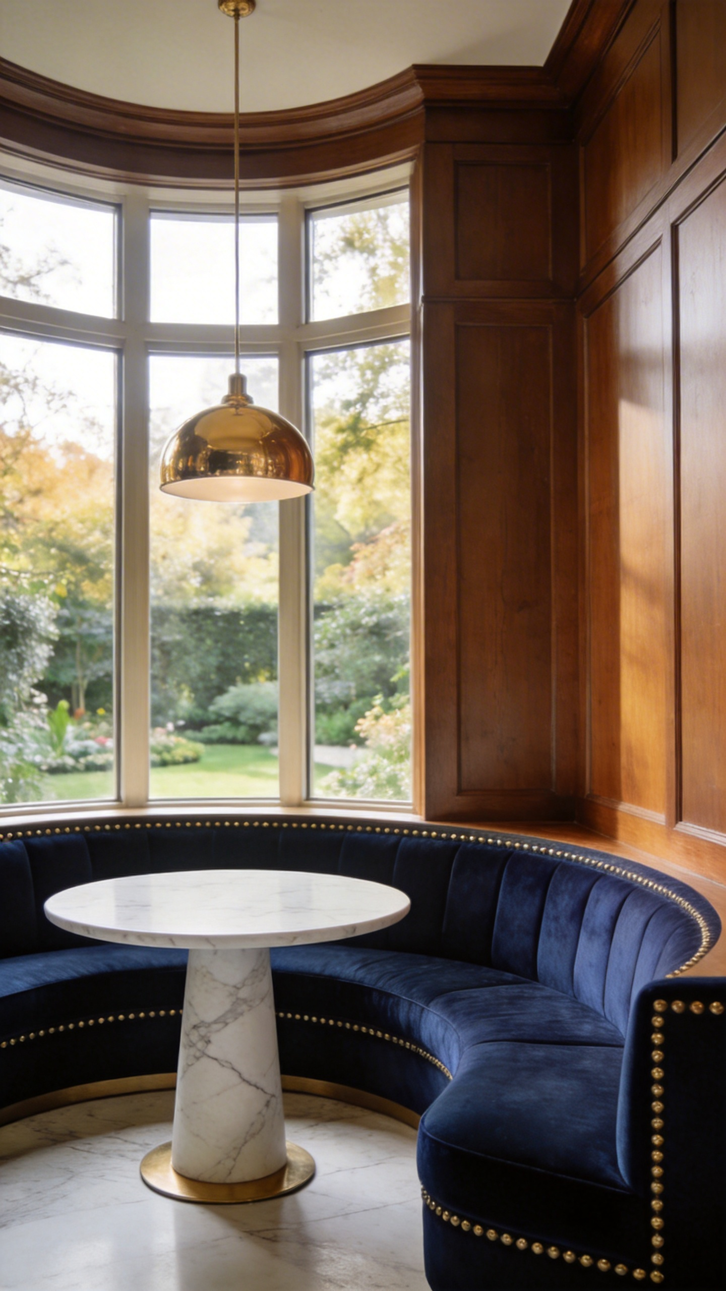 A luxury corner kitchen banquette with navy velvet seating and a marble table, offering kitchen table inspiration.