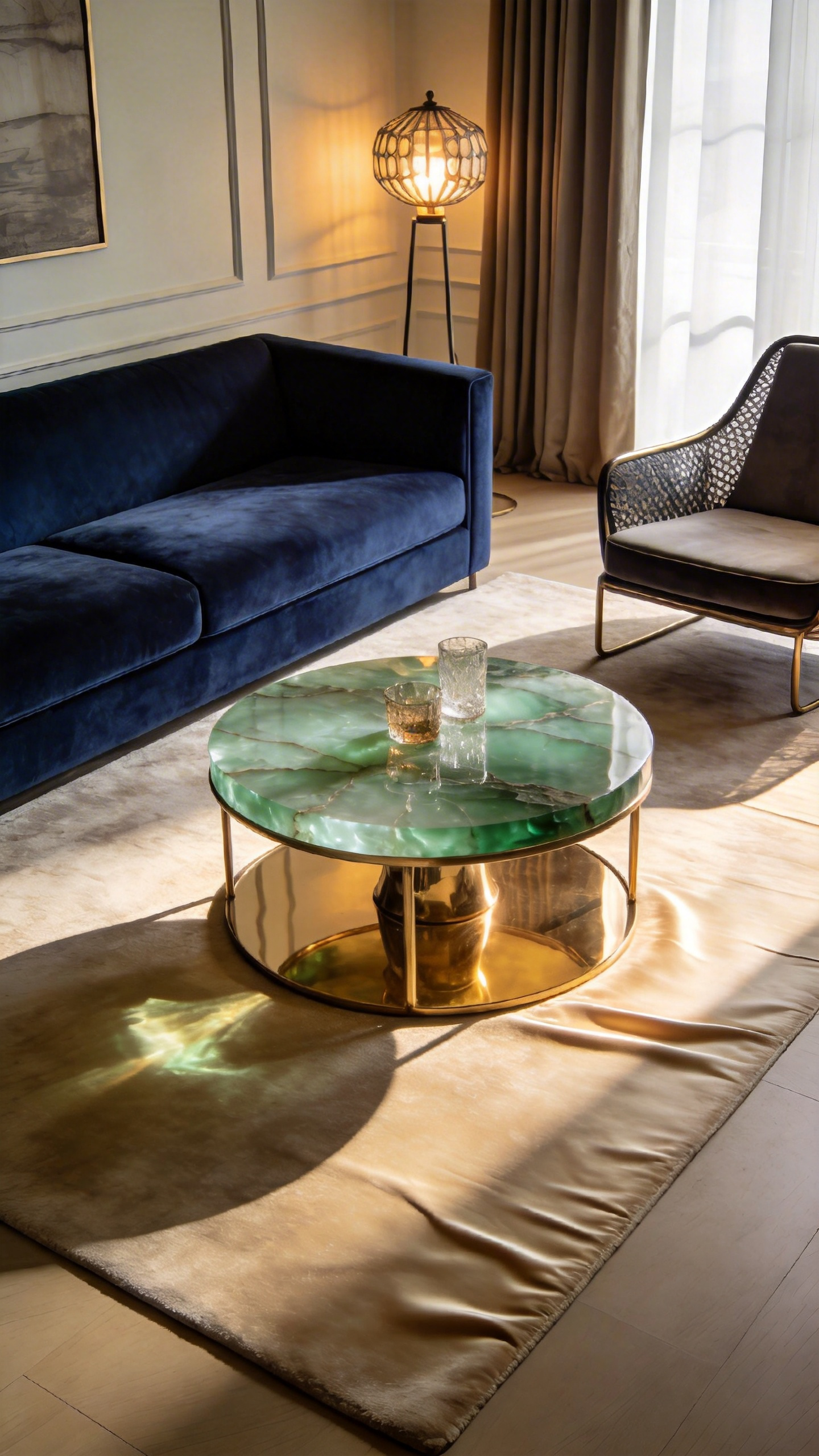 A luxurious living room featuring a brass and green onyx stone drink table positioned next to a navy blue velvet sofa.
