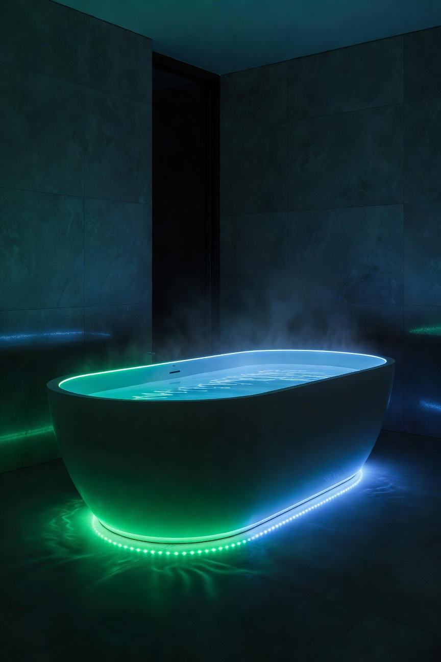 A wide-angle view of a contemporary soaking bathtub illuminated entirely by deep blue and emerald green chromotherapy lights in a minimalist, spa-like bathroom setting, emphasizing calm and relaxation.