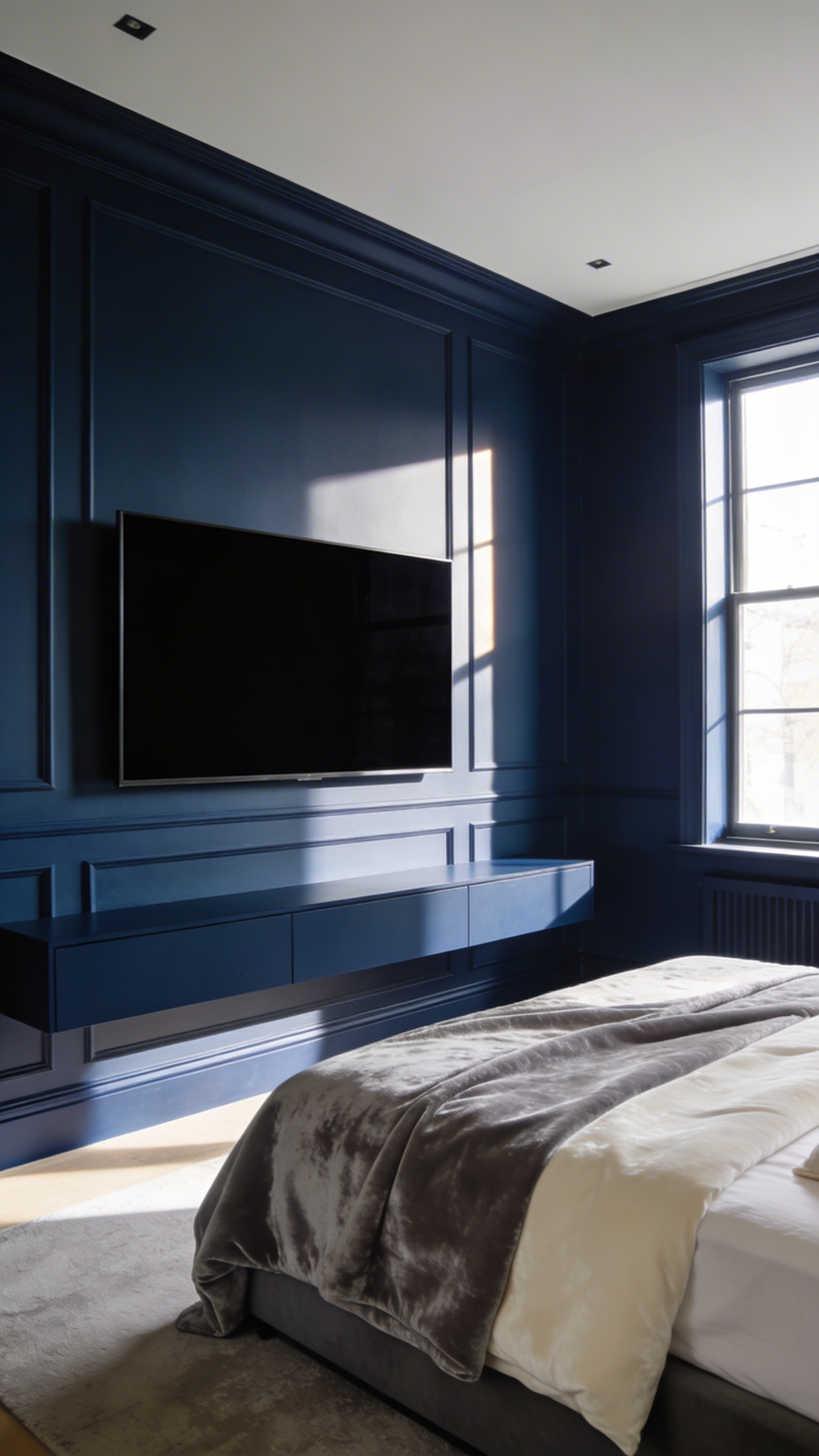 A modern bedroom featuring deep navy blue color-drenched walls and furniture designed to camouflage a television and reduce digital clutter.