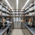 Highly organized, compact commercial kitchen galley featuring stainless steel surfaces, modular shelving, and professional tools, illustrating efficient small kitchen storage and workflow design.