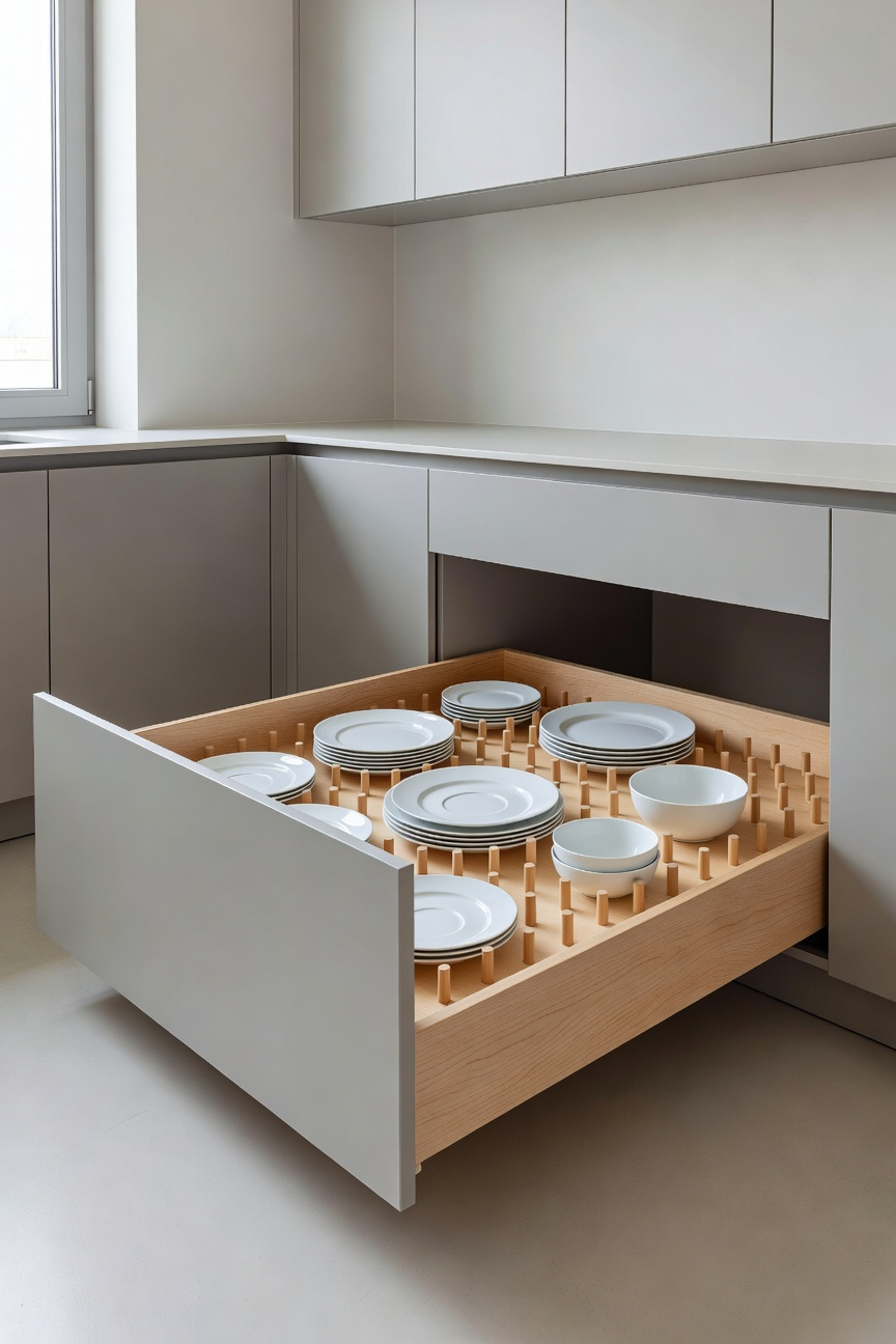 Deep kitchen storage drawer pulled completely open, showcasing a light wood peg board system neatly organizing stacks of white plates and bowls for easy low-level access and improved ergonomics.