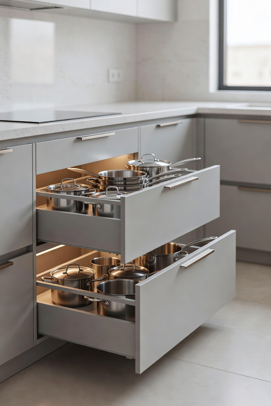 Deep, full-extension kitchen drawers pulled out in a modern kitchen layout demonstrating immediate visibility and point-of-use storage for organized pots and pans, eliminating traditional base cabinet storage.