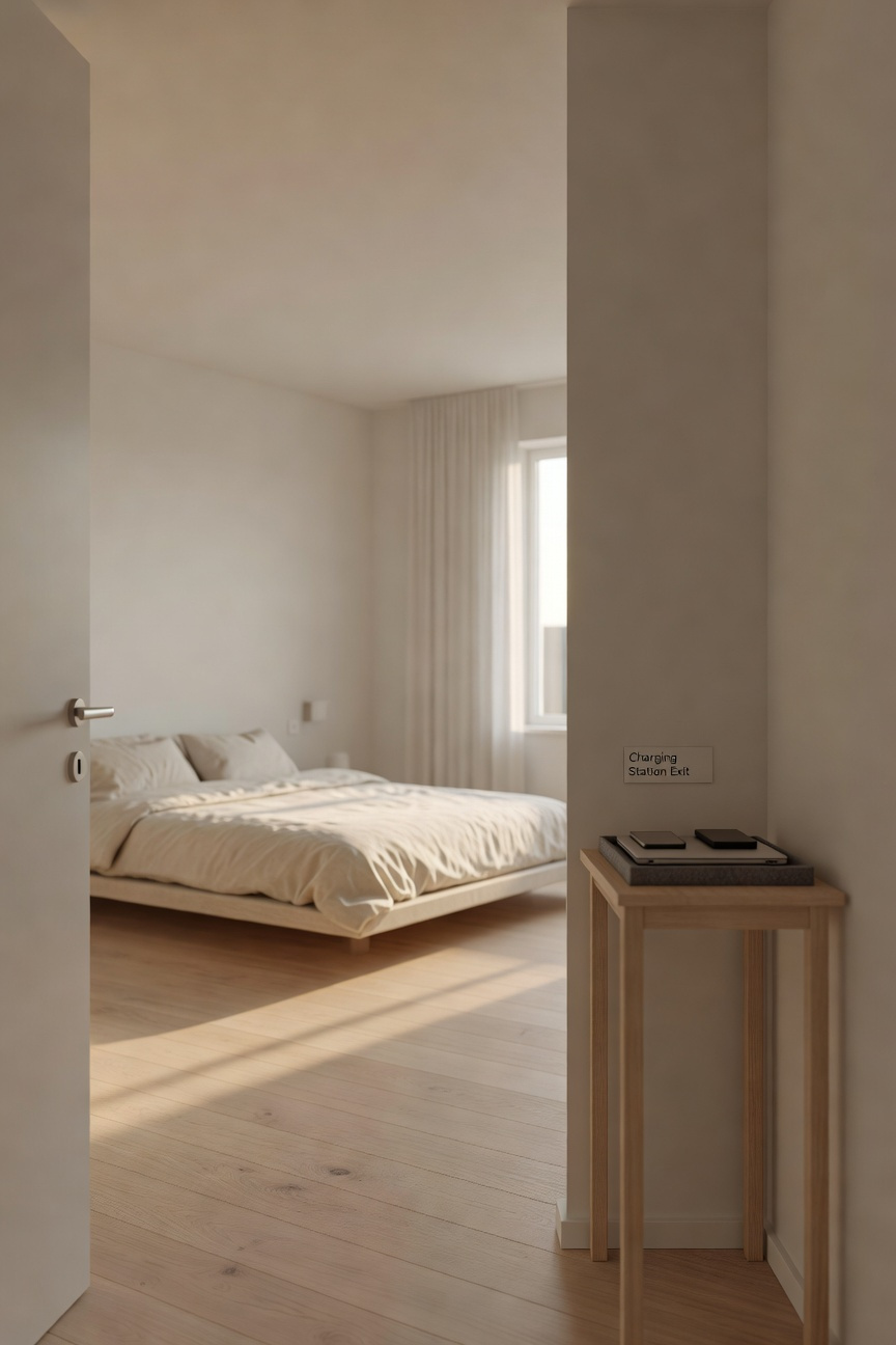 A photograph of a bright, minimalist bedroom interior following a digital detox layout, showing the clean platform bed and a small table placed outside the door designated as the charging station for electronic devices.