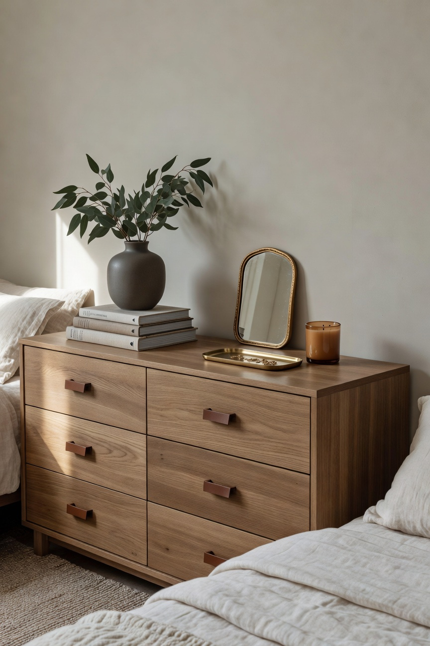 A modern oak bedroom dresser surface featuring an asymmetrical display of art books, a ceramic vase with dried branches, and a gold-framed mirror, demonstrating balanced visual weight.