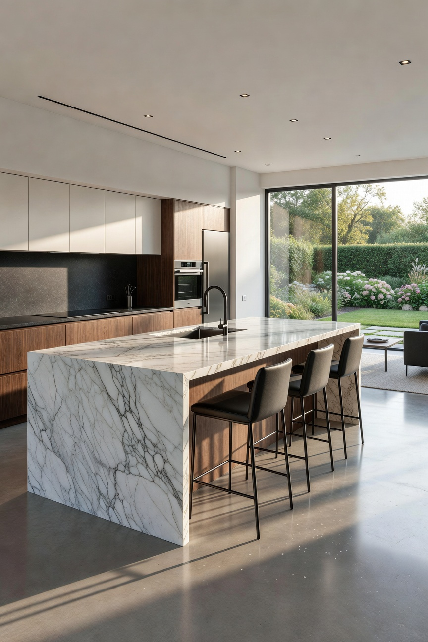 A modern open-concept kitchen featuring two large islands: one dark quartz island dedicated to prep work with an integrated prep sink, and a second pristine white marble island with seating for use as a social hub.