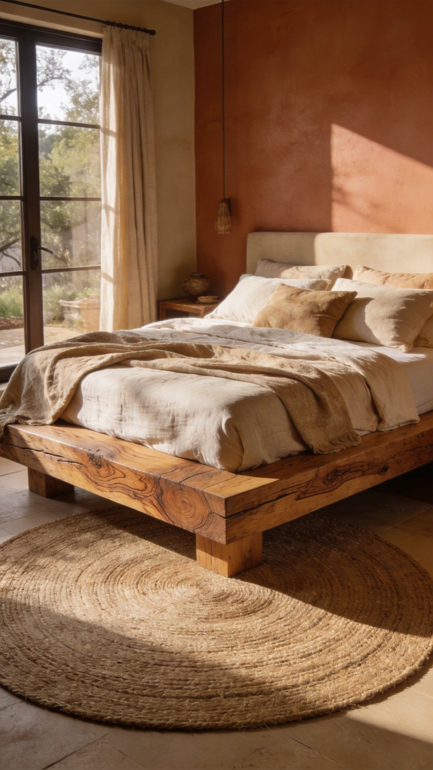 A modern bedroom interior featuring a natural wood bed frame and a large woven jute rug with earth-toned linens and soft sunlight.