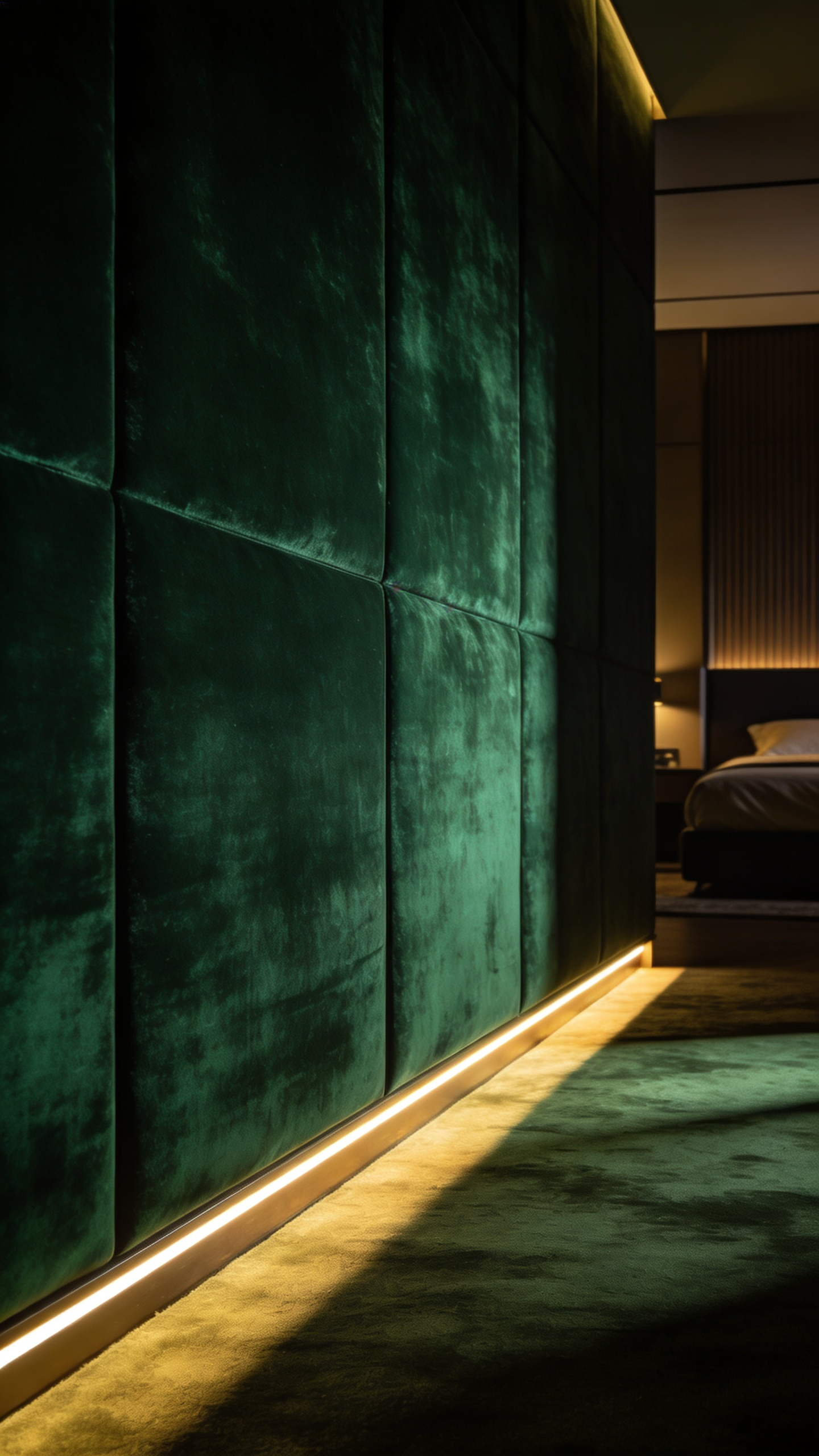 Bedroom wall featuring deep emerald green velvet illuminated by intense grazing light from a concealed linear LED strip, emphasizing the high-contrast texture and three-dimensional depth.
