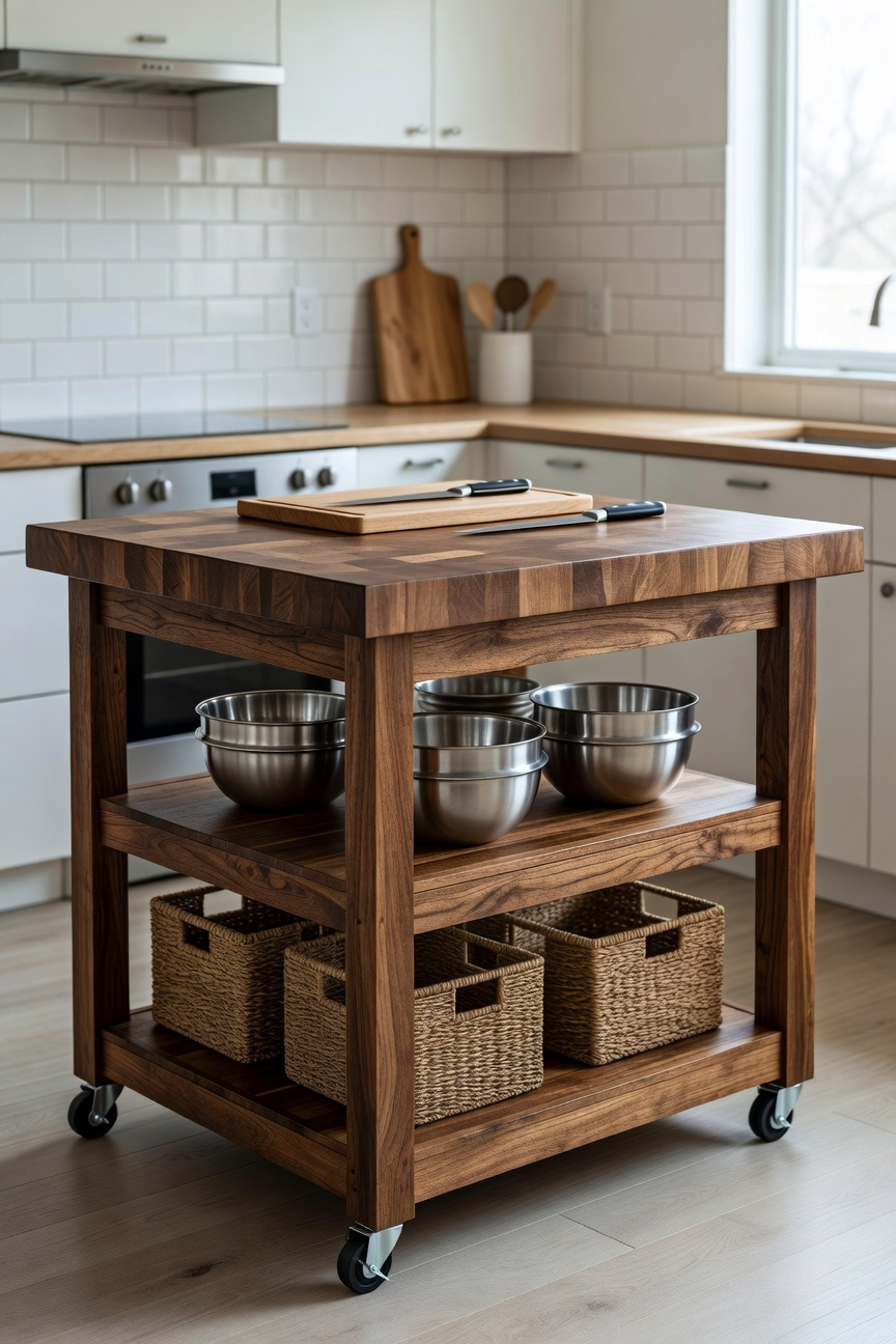 A modern, small white kitchen featuring a mobile industrial-style island with a thick end-grain butcher block countertop designed for efficient prep work and storage.