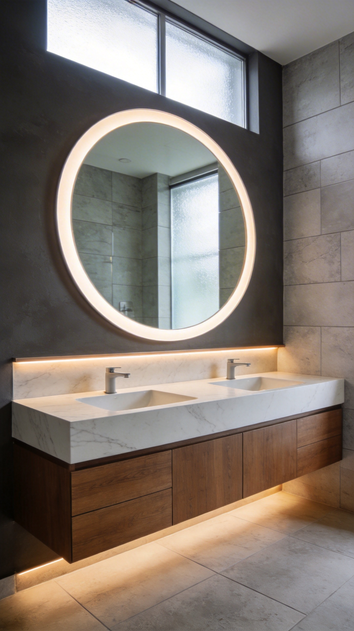 A spacious modern bathroom showcasing an ergonomic 36-inch high vanity with ample countertop space and contemporary fixtures in a well-lit interior.