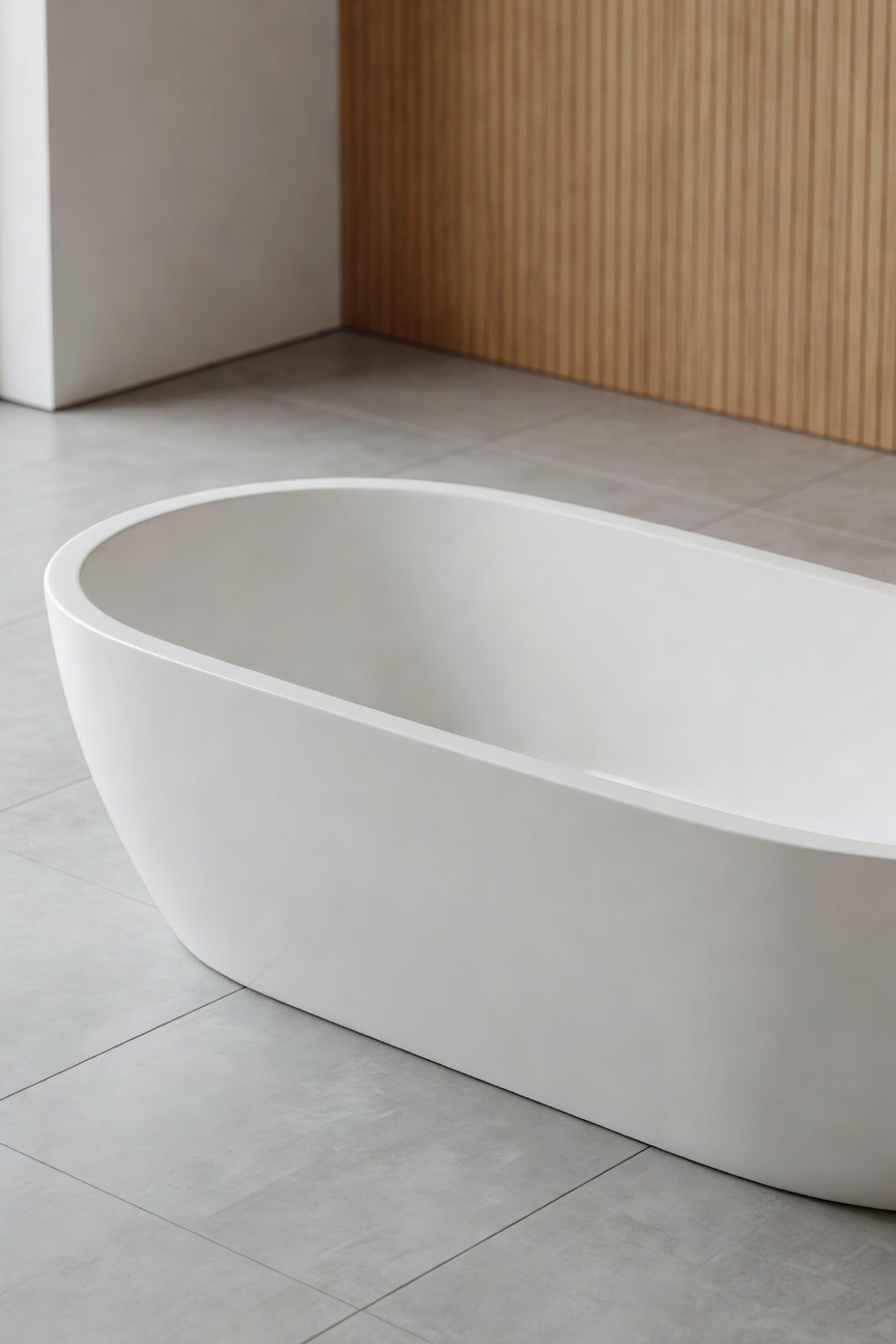 A luxury freestanding white bathtub displaying its specific ergonomic backrest slope designed for optimal 115 to 125 degree lumbar support in a minimalist grey and oak bathroom.