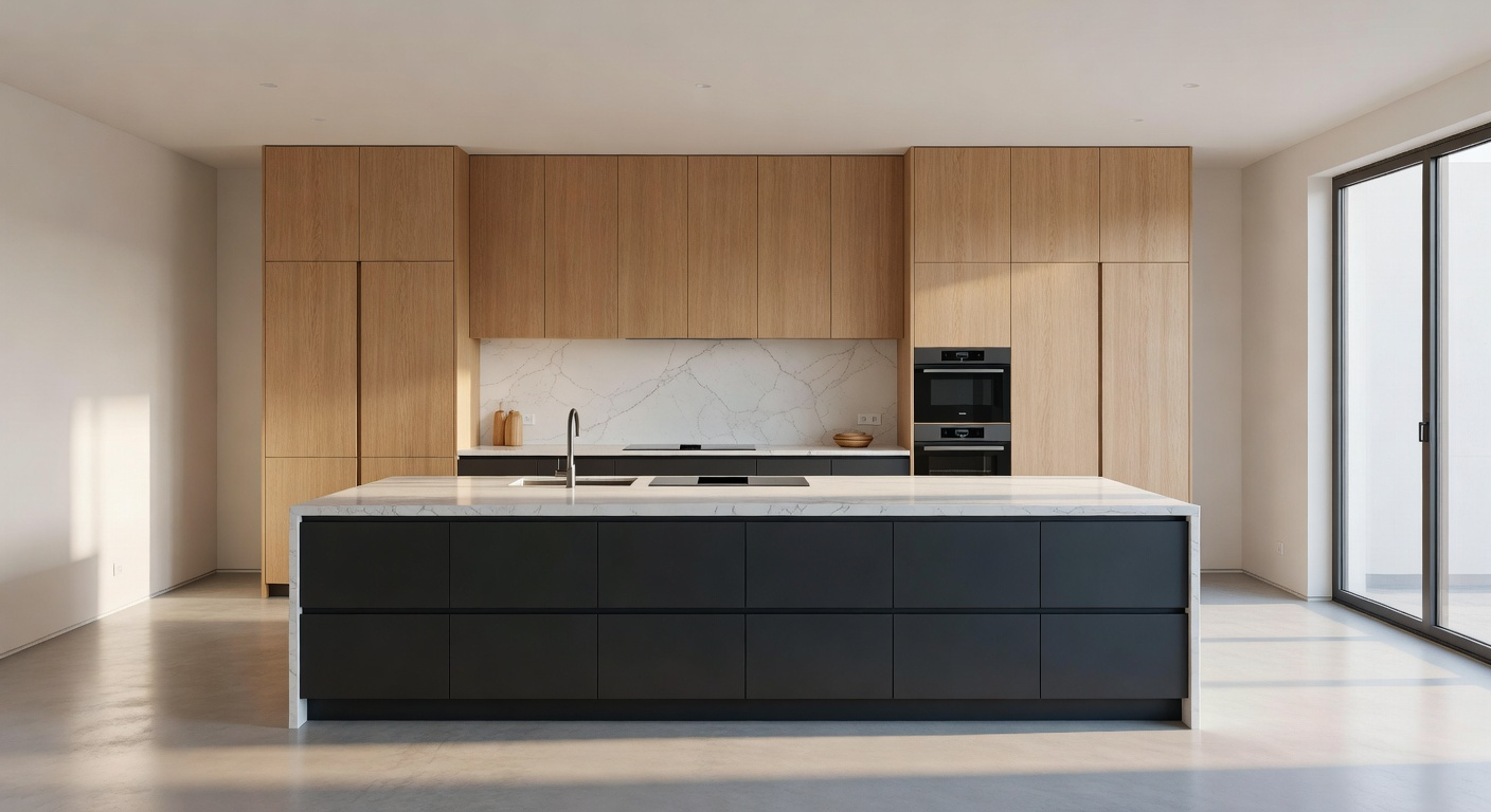 Open concept modern kitchen featuring a linear, five-zone ergonomic layout with a large quartz waterfall island, matte gray cabinets, and light oak integrated pantry units, emphasizing workflow efficiency.