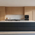 Open concept modern kitchen featuring a linear, five-zone ergonomic layout with a large quartz waterfall island, matte gray cabinets, and light oak integrated pantry units, emphasizing workflow efficiency.