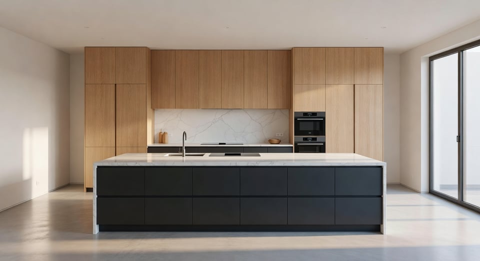 Open concept modern kitchen featuring a linear, five-zone ergonomic layout with a large quartz waterfall island, matte gray cabinets, and light oak integrated pantry units, emphasizing workflow efficiency.