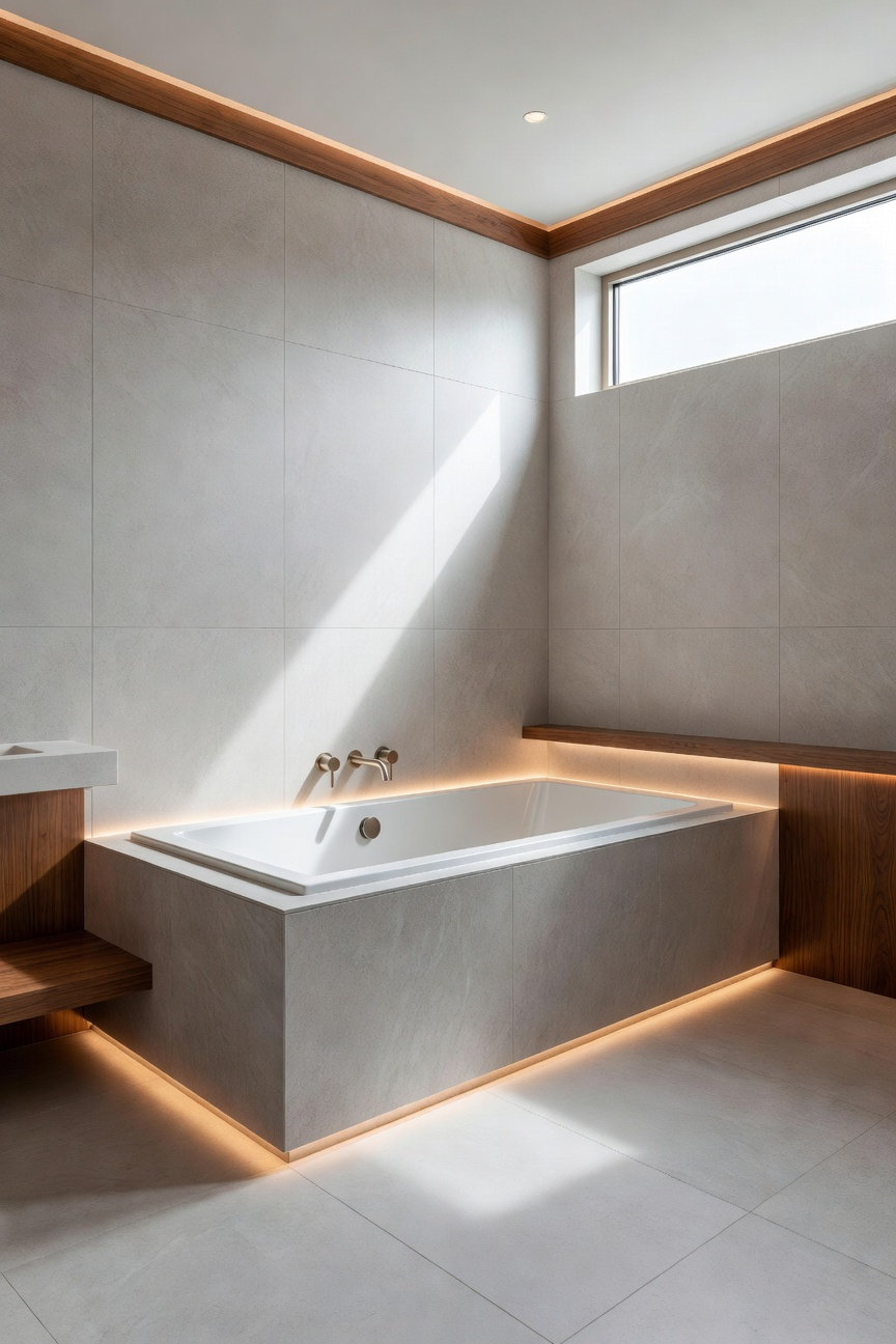 View of a modern built-in bathtub in a bright, tiled bathroom showing the offset placement of brushed nickel water controls, positioned towards the entry side for ergonomic safety and accessibility.