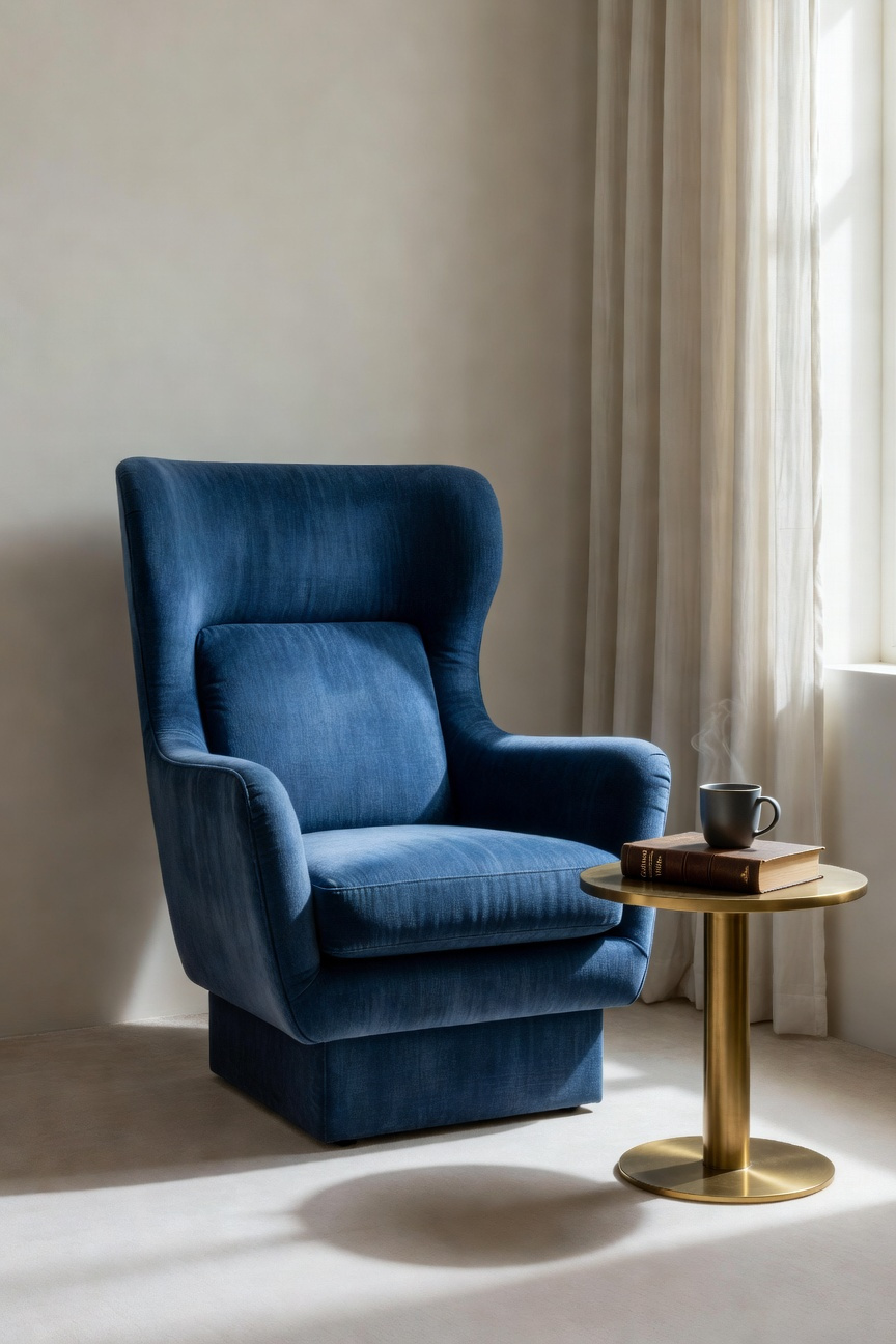 A structured, modernized sapphire blue wingback chair designed for reading in a quiet, luxurious bedroom corner with a brass side table.