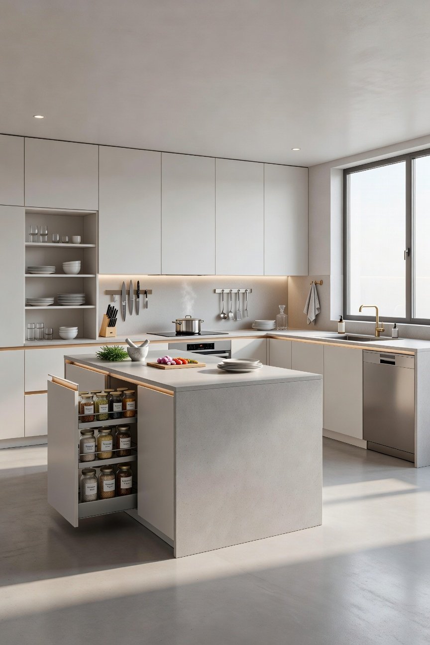 A wide architectural photograph of a minimalist modern kitchen featuring a functional five-zone layout with matte white cabinets, integrated appliances, and a gray concrete island, designed for hyper-efficiency.