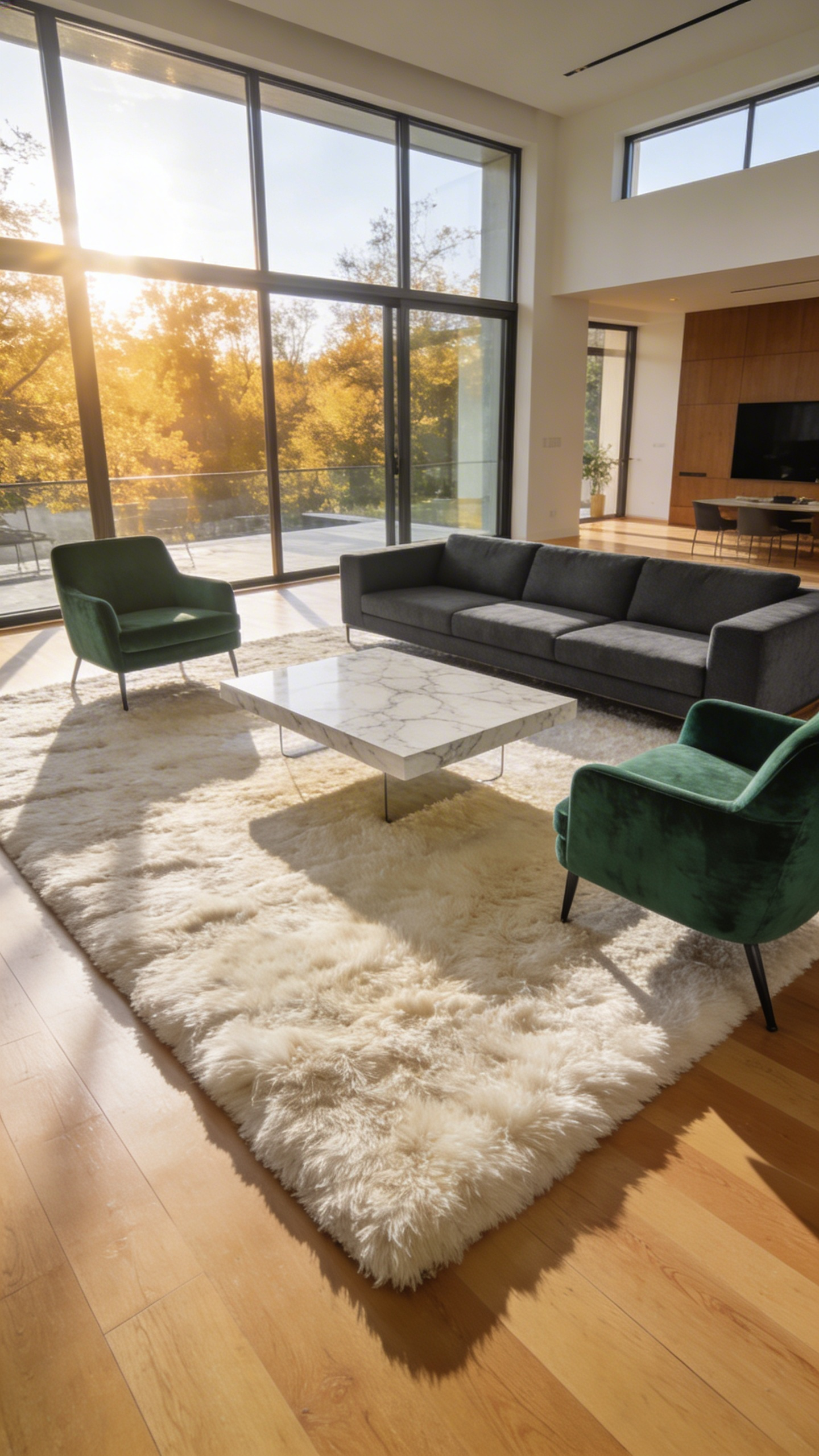 A modern open-concept living room showcasing a floating furniture layout with a large area rug anchoring a gray sectional and green chairs on hardwood floors.