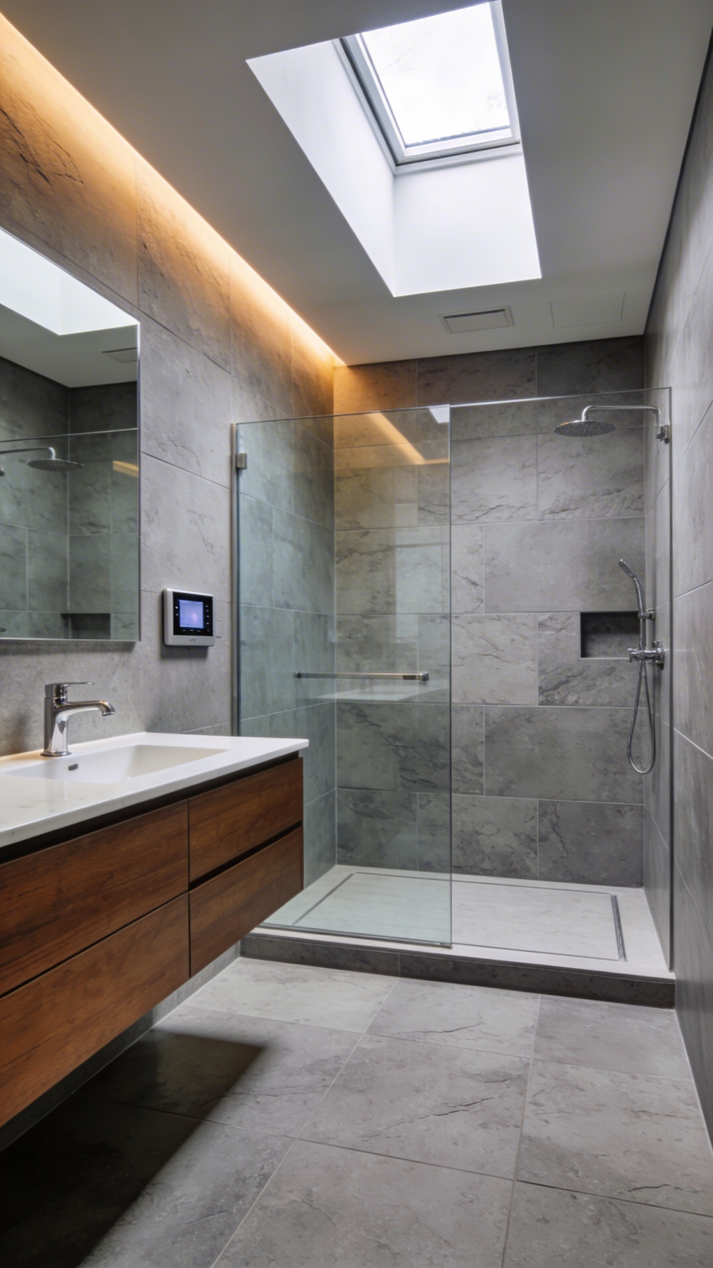 A modern luxury bathroom with a curbless shower, marble tiles, and integrated digital controls representing future-proof design.