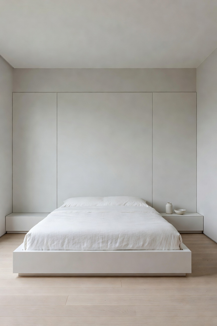A serene, ultra-minimalist bedroom featuring floor-to-ceiling white hidden storage panels that create a clutter-free, calming architectural environment.