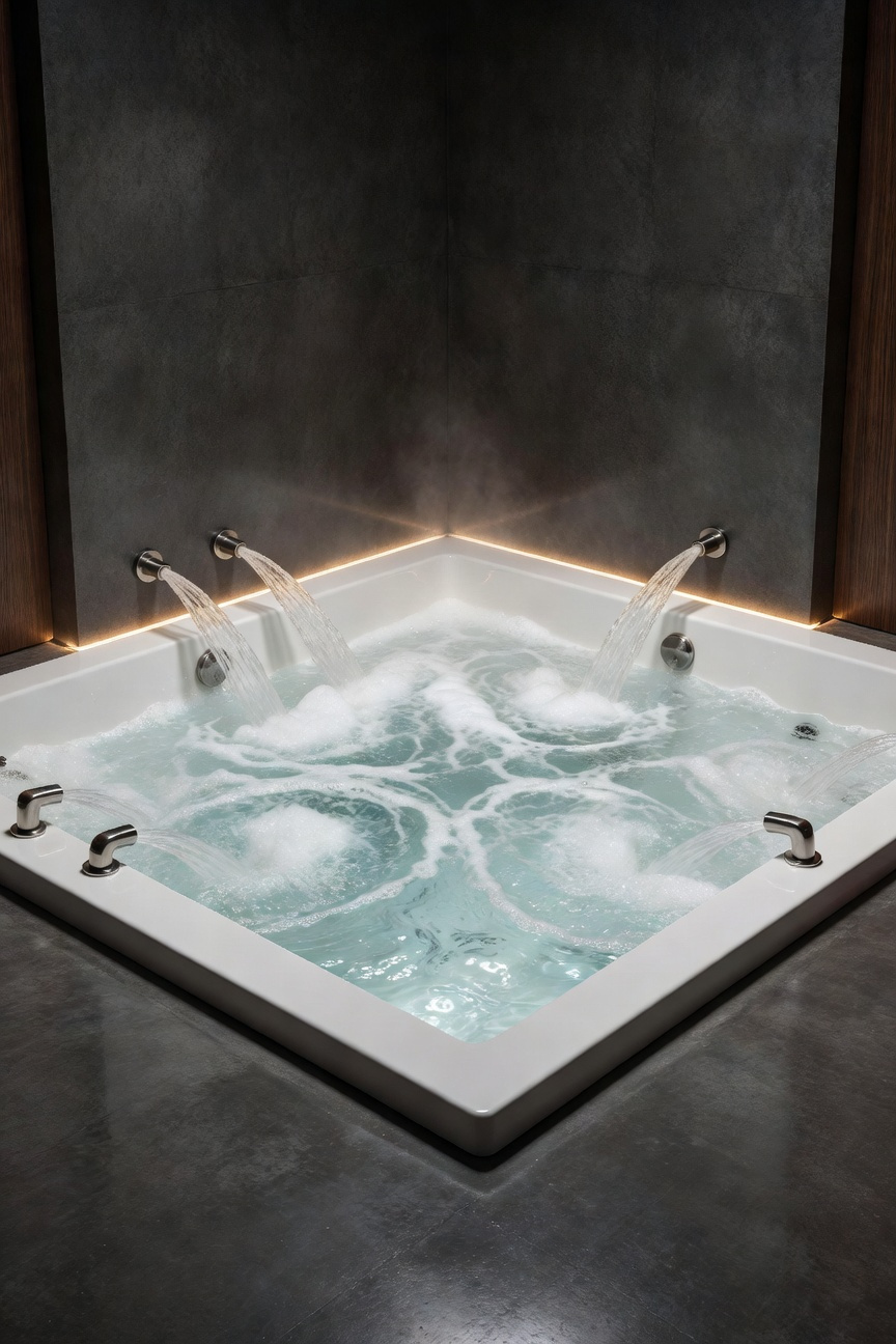 A modern white whirlpool bathtub with powerful hydro-massage jets actively swirling the water, set within a dark, luxurious spa environment designed for deep muscle recovery.