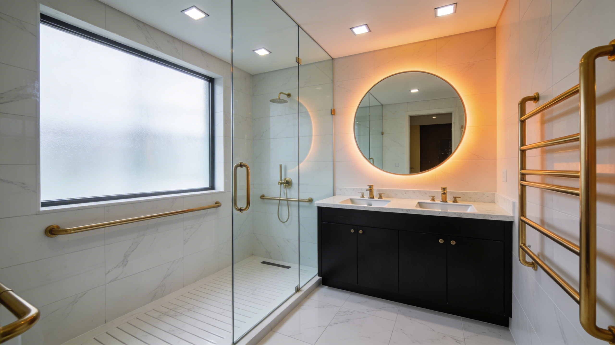 A luxurious modern bathroom featuring a curbless walk-in shower and brushed gold grab bars designed to look like high-end towel racks for stealth accessibility.