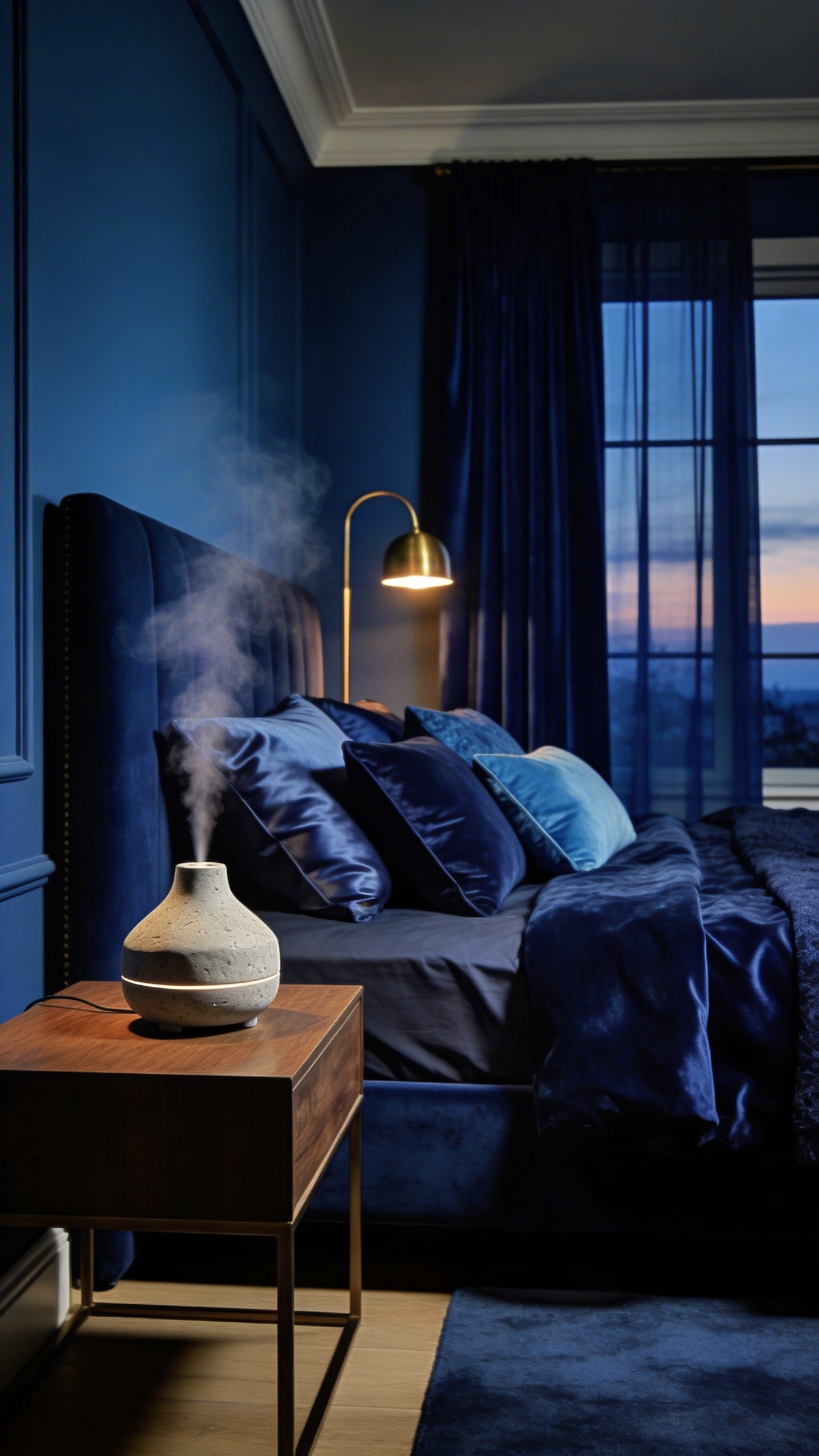 A full view of a luxurious master bedroom with deep indigo walls and matching blue bedding featuring a stone aromatherapy diffuser to illustrate sensory synchronicity.