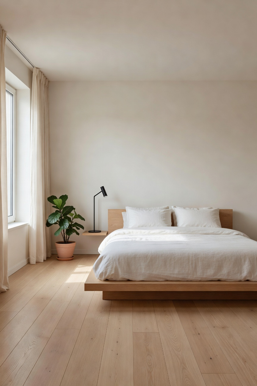 A photograph of a bright, minimalist bedroom featuring a low platform bed, white bedding, and light oak floors, emphasizing intentional design and a clutter-free environment.