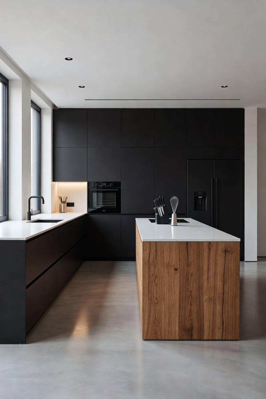 A modern, minimalist kitchen aisle designed for efficient single-cook workflow, showcasing the functional 42-inch clearance between the matte black perimeter cabinetry and the light oak central island.
