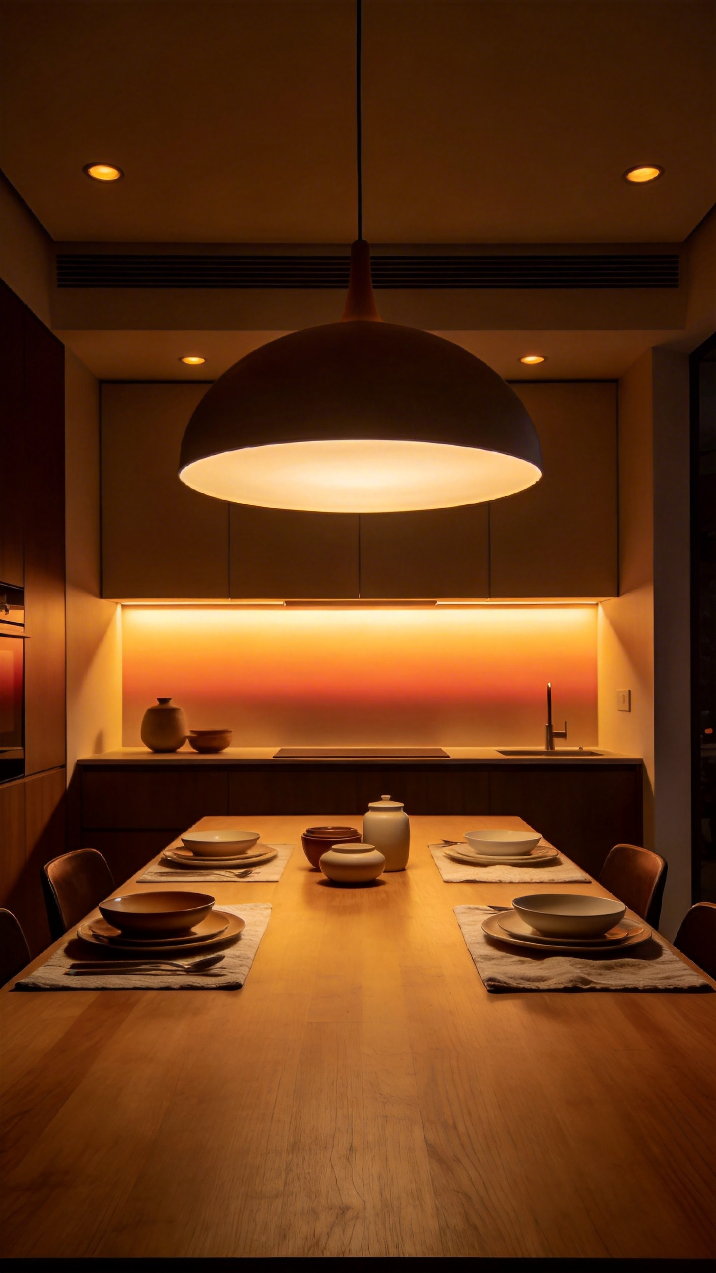 A modern kitchen table inspiration scene featuring warm 2700K pendant lighting and dimmed ambient lights to create a relaxing dining atmosphere.