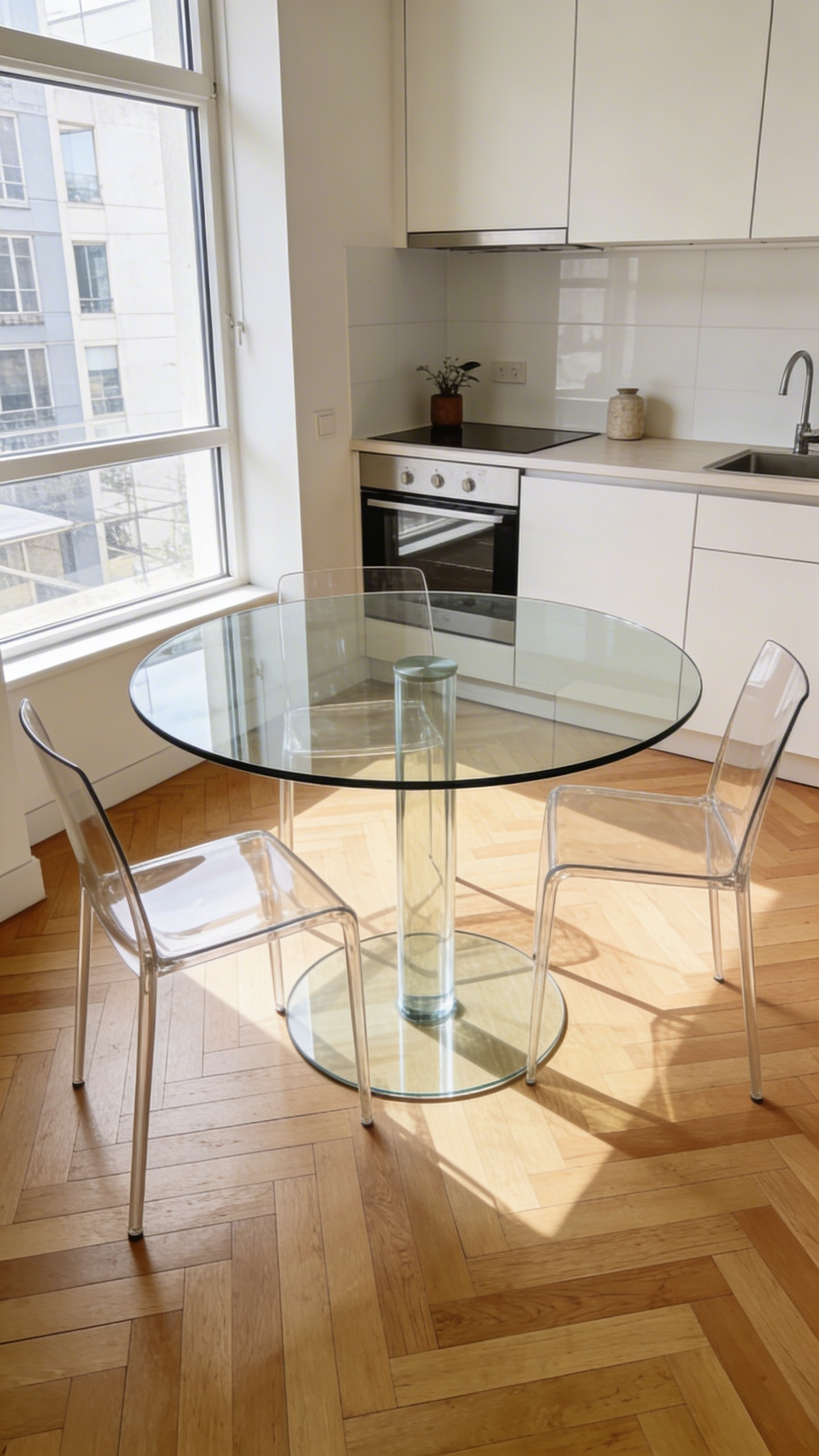 A modern compact kitchen featuring a round glass dining table that creates a sense of visual lightness and transparency over a light wood floor.