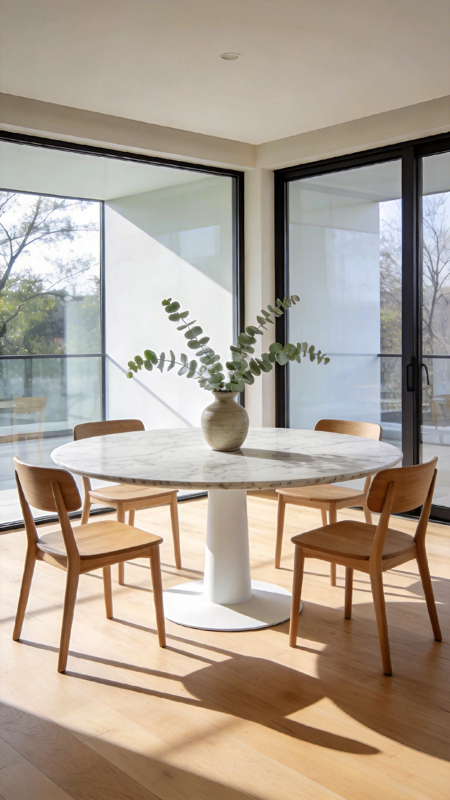 A modern kitchen dining area featuring a round marble table with a white pedestal base and minimalist chairs under soft natural light.