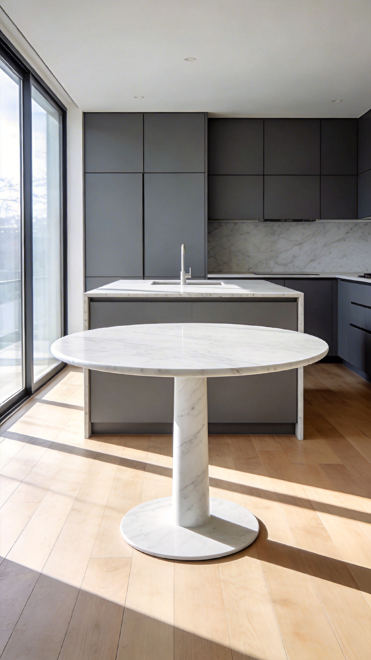 A modern kitchen featuring a white marble round pedestal table centered in a room with angular grey cabinetry and large windows.