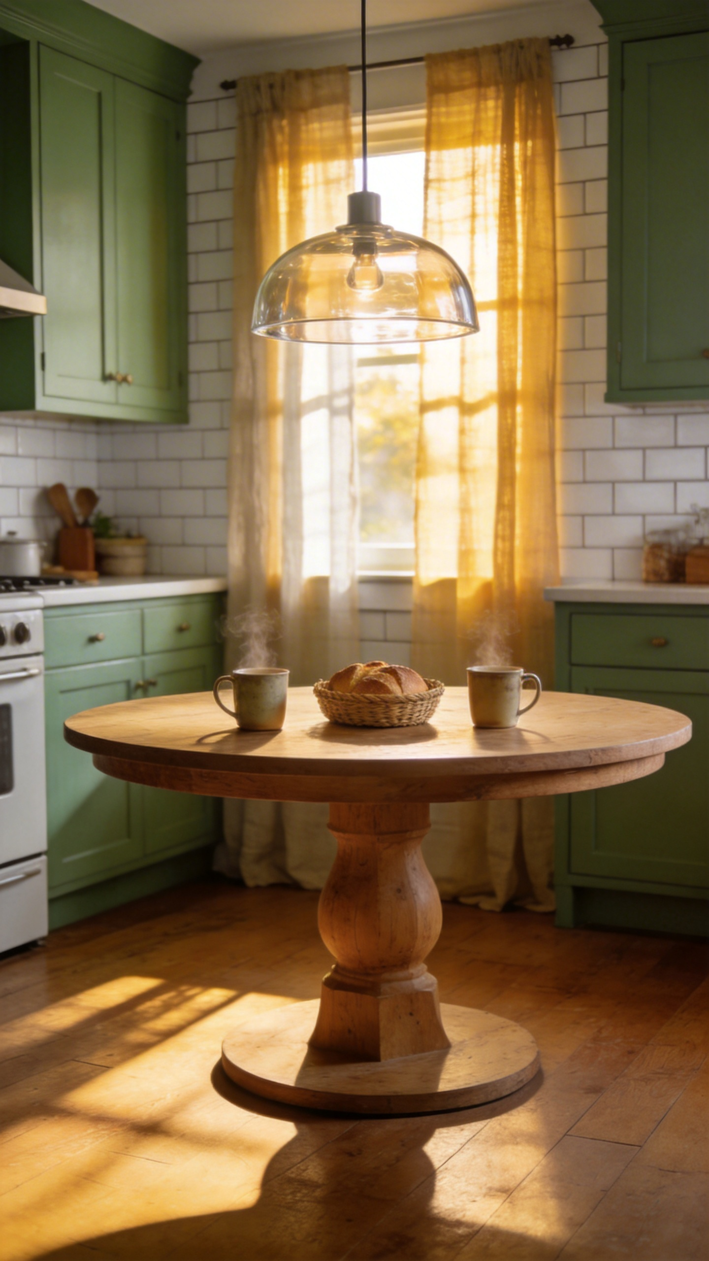 A sunlit kitchen featuring a round wooden table with coffee mugs, showcasing kitchen table inspiration for a cozy and egalitarian home.