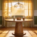 A sunlit kitchen featuring a round wooden table with coffee mugs, showcasing kitchen table inspiration for a cozy and egalitarian home.
