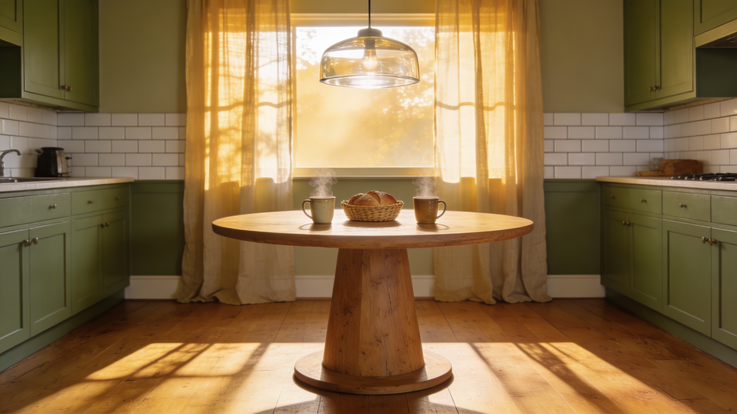 A sunlit kitchen featuring a round wooden table with coffee mugs, showcasing kitchen table inspiration for a cozy and egalitarian home.